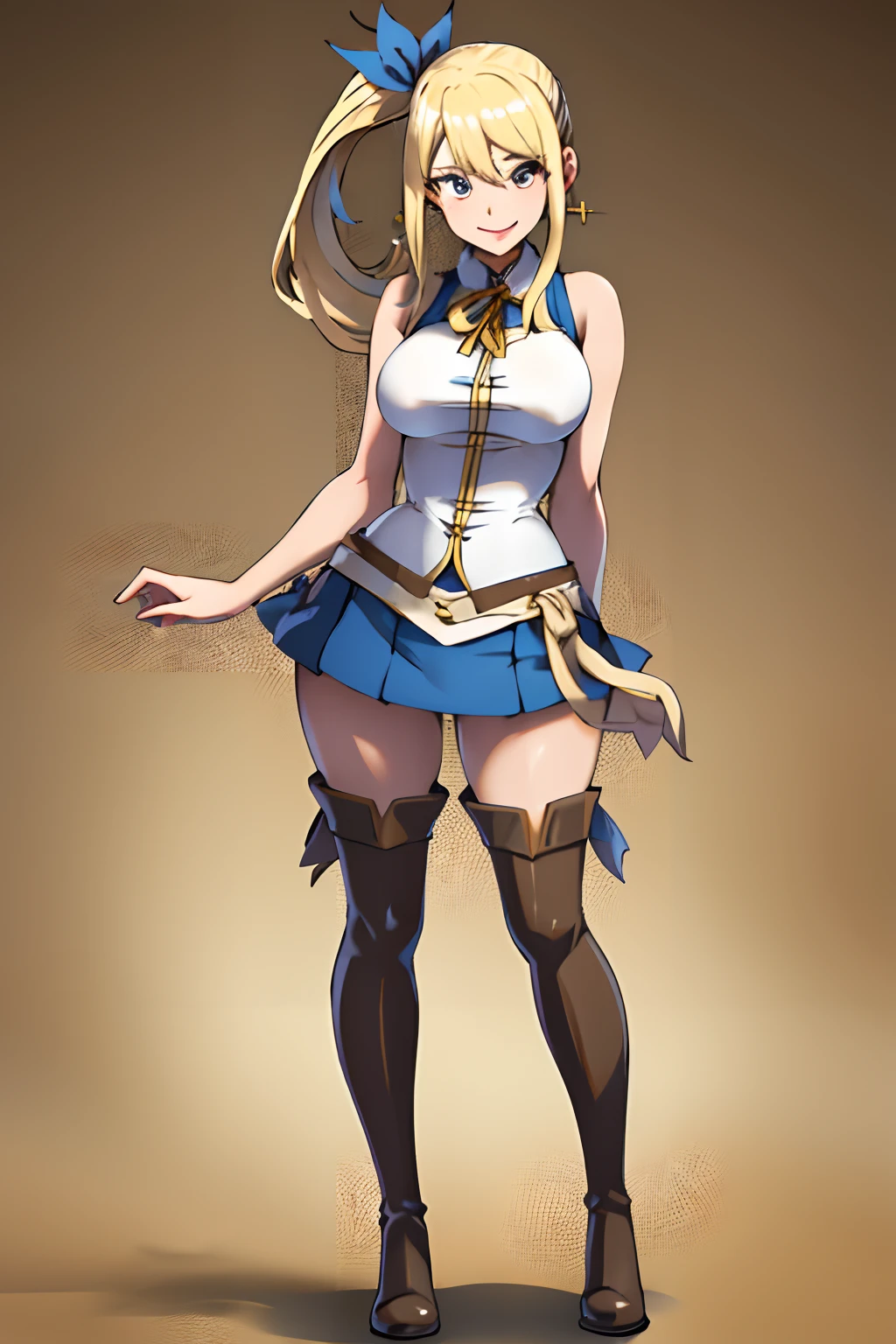 Lucy Hartphilia,a blond,Long hair,side ponytail,blue ribbons,Earrings,thigh boots,blue,sleeveless shirts,White skirt,Thin leg,s whole body, (Best Quality,4k,8K,high resolucion,Masterpiece:1.2),Ultra-detailed,realisitic:1.37,Vivid colors,studio lit, thin body, teeth, Lovely smile, Cute, Standing, black outline, thick outlines, No background