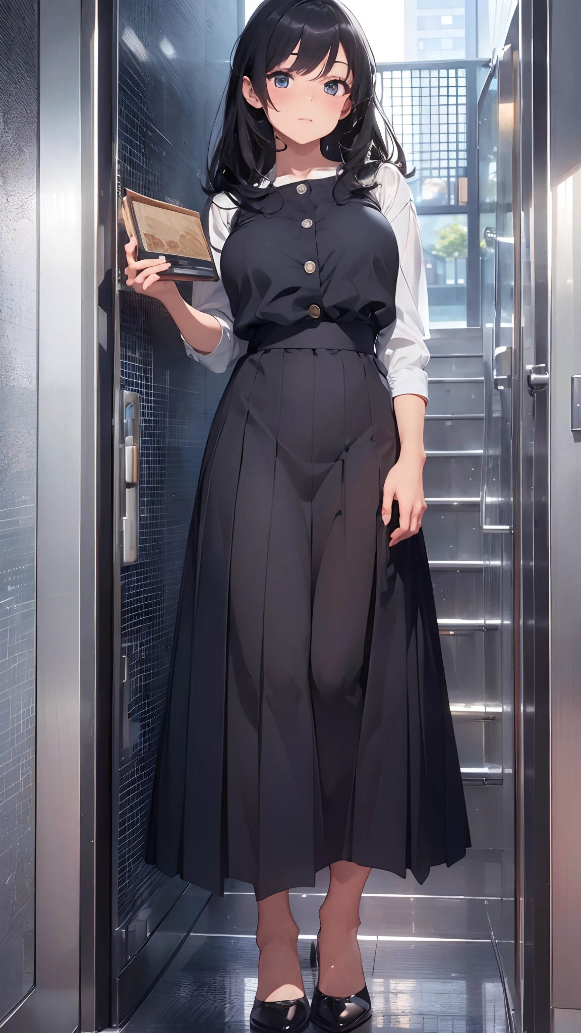 (best quality,4k,8k,highres,masterpiece:1.2),ultra-detailed,(realistic,photorealistic,photo-realistic:1.37),portrait,medium:oil painting,beautiful detailed eyes,beautiful detailed lips,extremely detailed eyes and face,long eyelashes,embarrassed expression,detailed navy blue pleated skirt,perfect body,slender bare legs,shiny black shoes,modern elevator interior,visible elevator buttons,stainless steel handrails,clean and well-lit space"