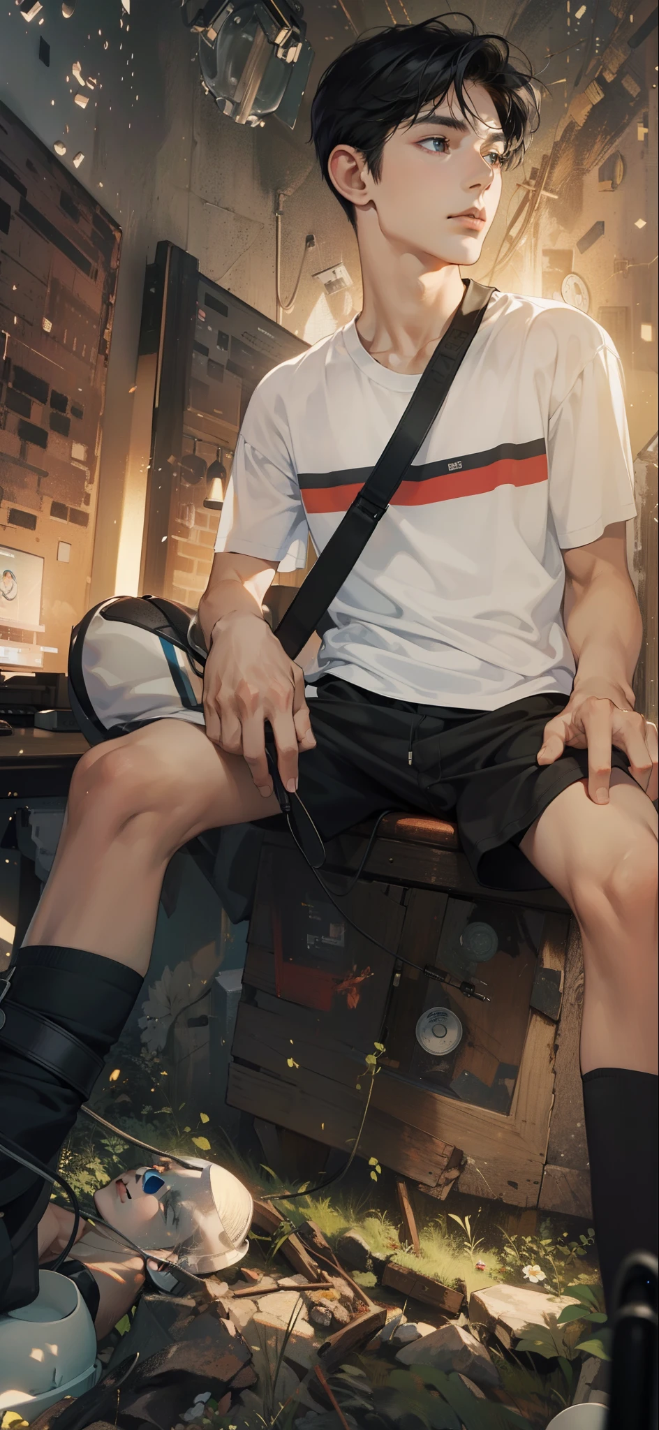 Masterpiece, high quality, best quality, HD, realistic, perfect lighting, detailed body, 1 man, short black hair, white t-shirt, calm expression, wearing headphones, facing the computer monitor, in the room