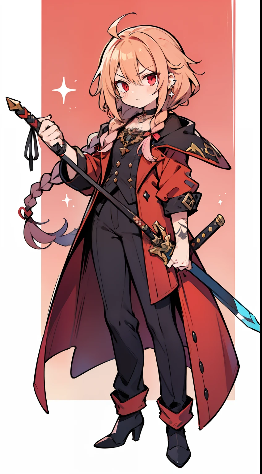 1 Youth, fullllbody, Character Design, Peachy Hair, 1 elongated braid, Red Eyes, High quality, sword holding, Holding a purple rapier in his left hand, Straight face, Cool, Sauce order, glamor, Mole in the corner of the left eye,number々Piercing, a black choker, Suit in red coat, The tattoo, Wide Shot, Detailed background of the dungeon
