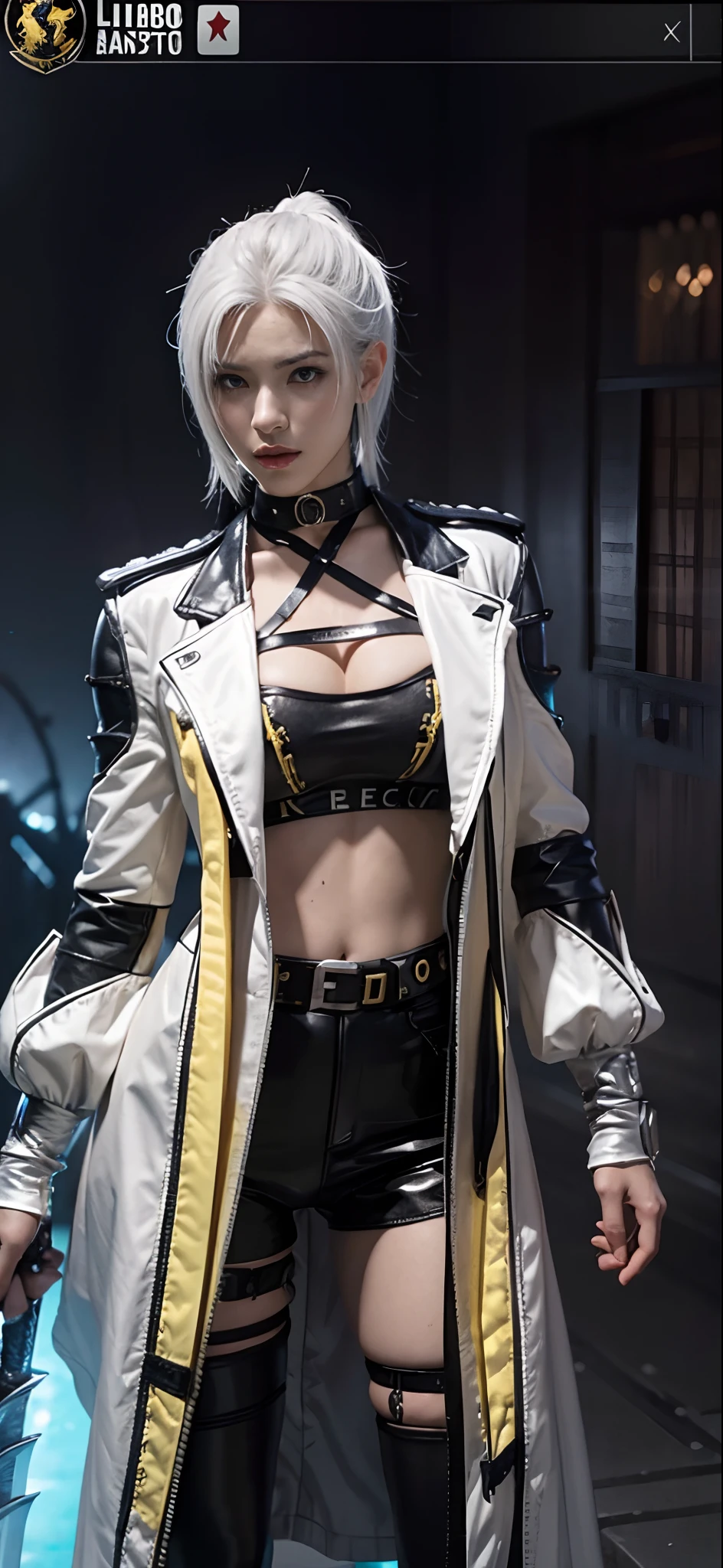a close up of a person in a costume with a sword, as a character in tekken, female character, tifa lockhart with white hair, katana zero video game character, lunar themed attire, kda, slim body, cyborg - girl with silver hair, upper body avatar, (( medium breast;1.2)), fashion gameplay screenshot, fighting game character, new character, floralpunk elysian maiden, sigma female