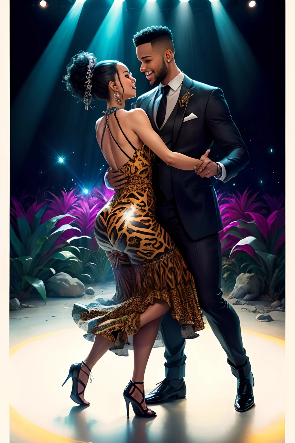 Young couple dancing bachata, in full height, Animal Print Clothing, Jungle, 16K Super Realism, magical realism