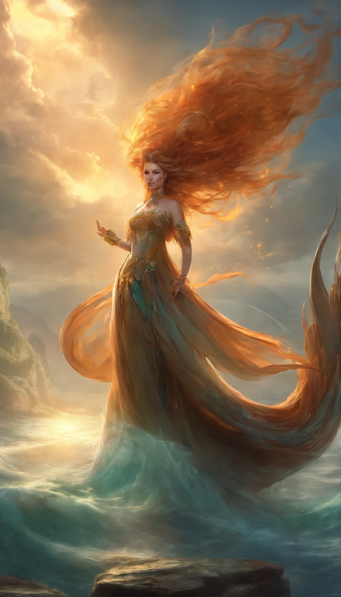 (Anthropomorphism as mermaids with many tails), Fox, mermaids, Beautiful, magical, mysterious, Epic scenes, Scenes, Rembrandt in stormy style sky, Misty, the sunset, Dramatic lighting, Light, Amount of light, diffuse light, wide angles, illusory engine, Detailed, 3 d rendered, Action scenes, Photography Unreal Engine, octanerender,