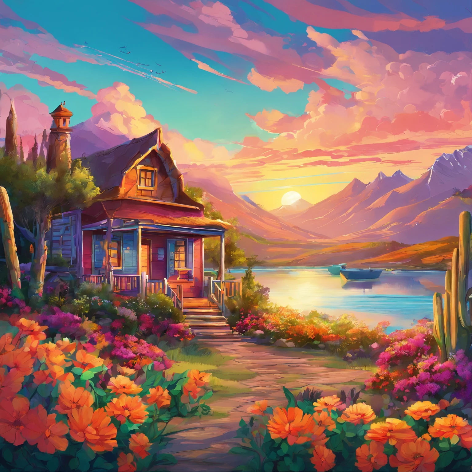 painting of a cottage, flowers beside of fence, fence along the road, mountain landscape with a lake and a boat, illustration matte painting, inspired by Thomas Kinkade, symmetric matte painting, detailed scenery , style raw, 8 k ultra detailed, environment design illustration, scenery art detailed, Seaside view, concept-art, 4k highly detailed digital art, 4 k digital painting, 4k digital painting, stunning digital illustration, Desert background, digital painting concept art, Detailed digital painting