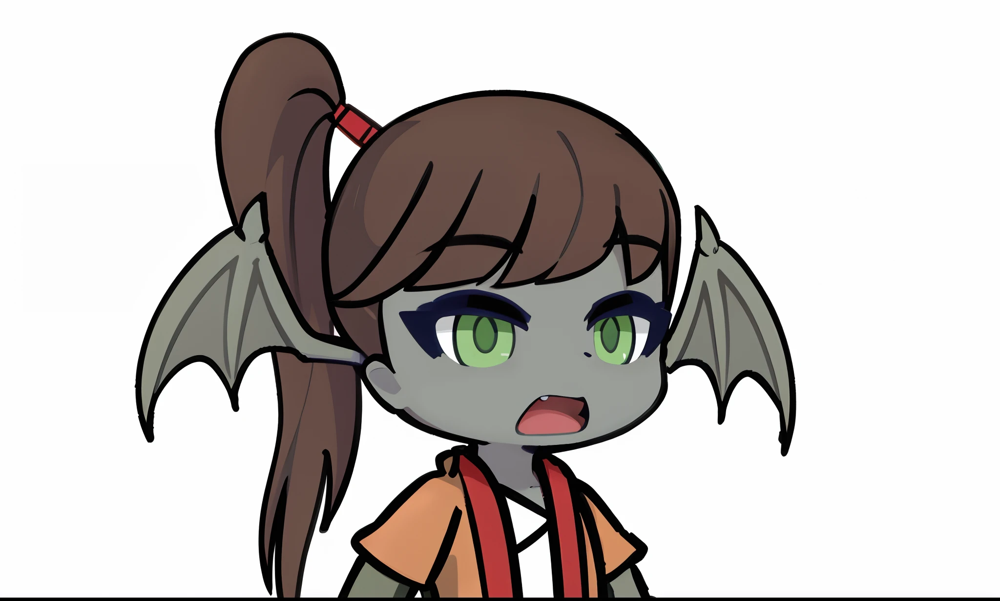 A girl, grey skin, green colored eyes, brown hair, Hair gathered in a ponytail, Bat wings from the head, opened mouth