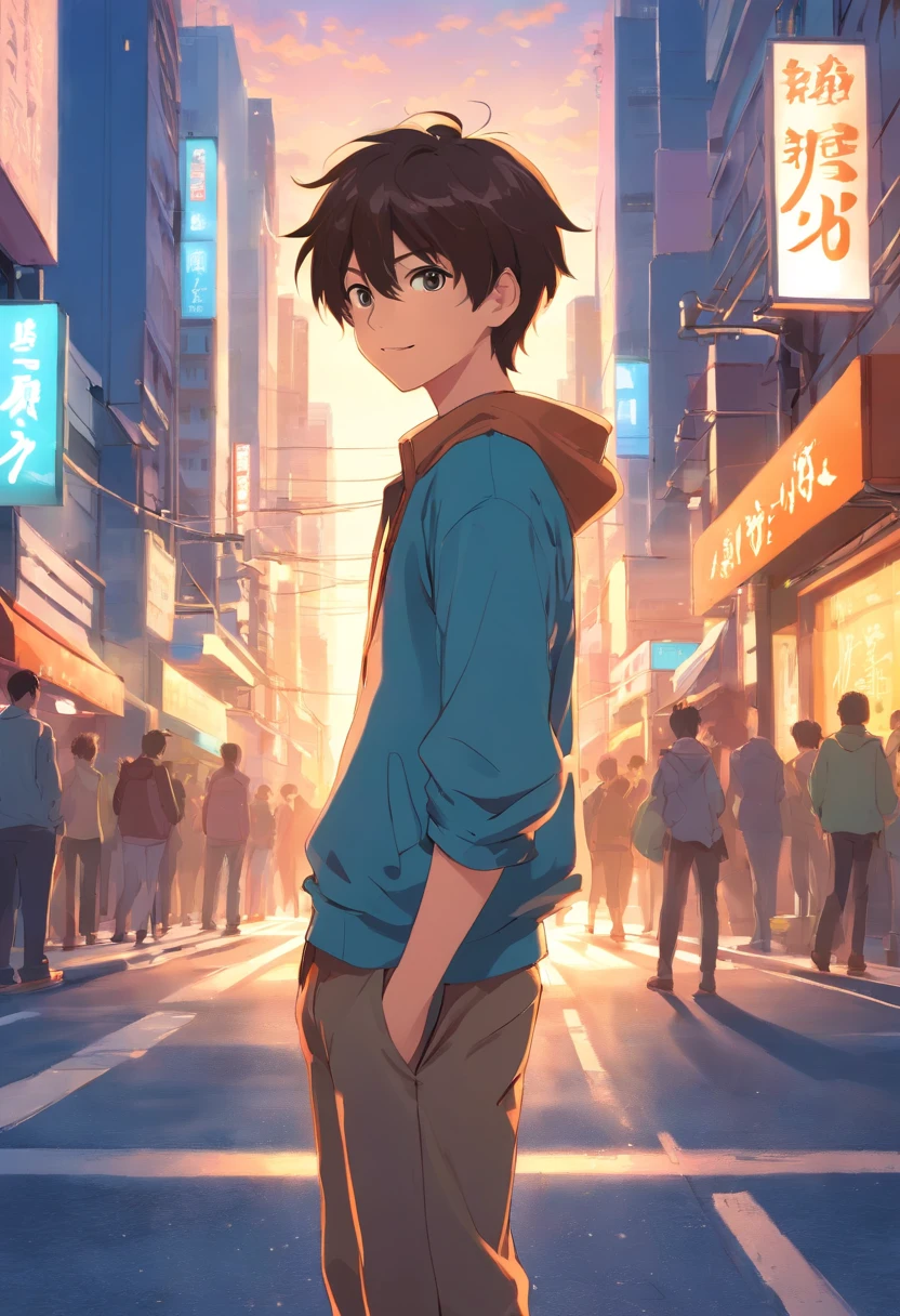 A boy, transformed into an anime style, with exaggerated unique facial features and clothing, standing on a bustling city street, backlit background highlighting the subject, high-contrast colors, 4K high-definition quality,young, smiling, handsome