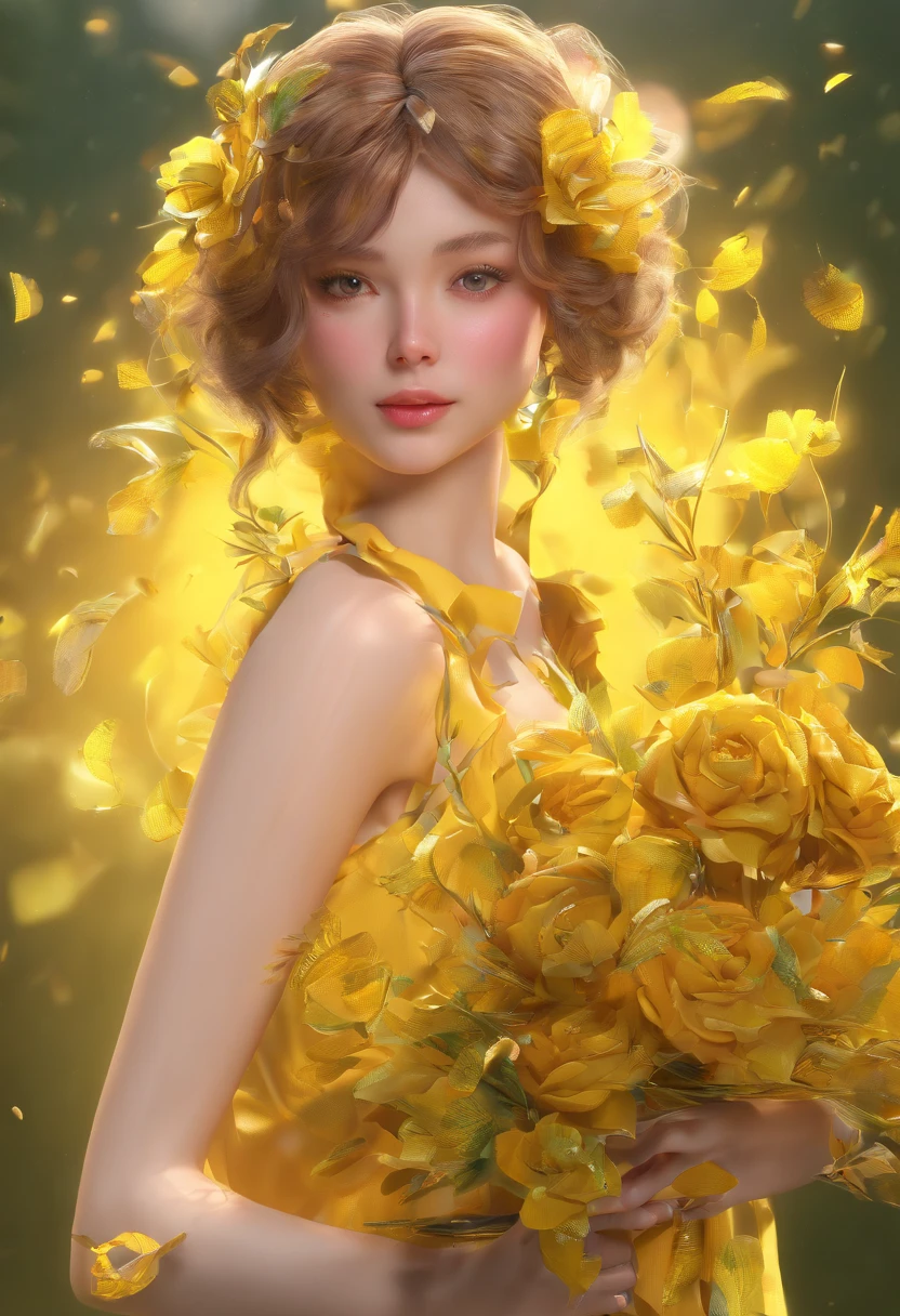 amarelo,Qi bangs,Bouquet in hand,Sunshine Girl,head portrait, High detail, Chiaroscuro, Depth of field, god light, stereograms, 3D，hyper HD, hyper HD, Textured skin, High details --auto