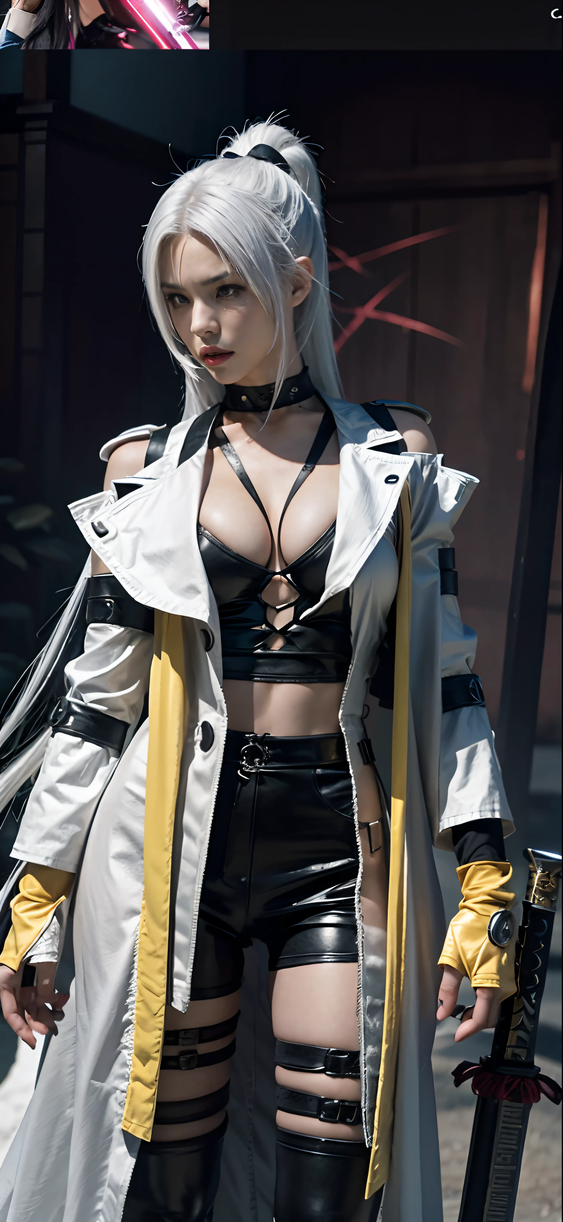 a close up of a person in a costume with a sword, as a character in tekken, female character, tifa lockhart with white hair, katana zero video game character, lunar themed attire, kda, slim body, cyborg - girl with silver hair, upper body avatar, (( medium breast;1.2)), fashion gameplay screenshot, fighting game character, new character, floralpunk elysian maiden, sigma female