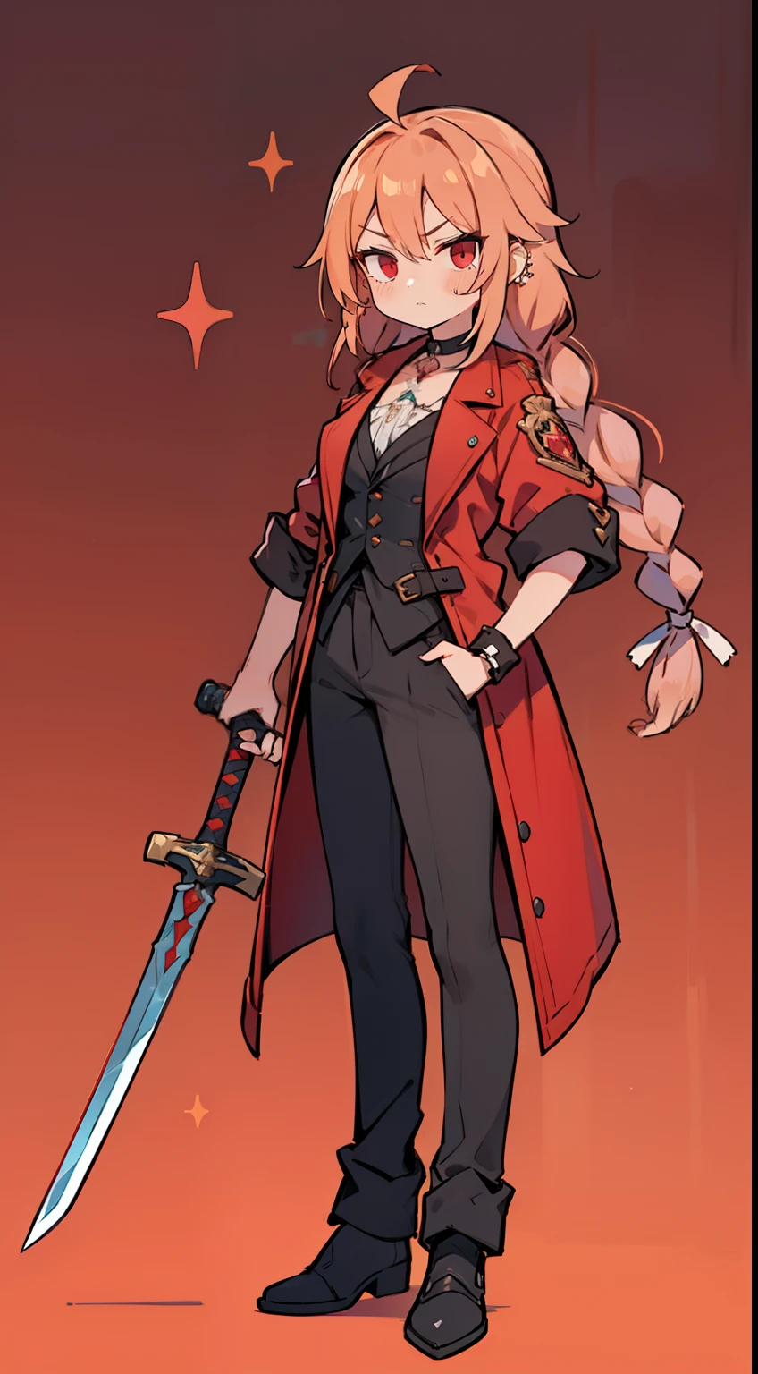 1 Youth, fullllbody, Character Design, Peachy Hair, 1 elongated braid, Red Eyes, High quality, sword holding, Holding a purple rapier in his left hand, Straight face, Cool, Sauce order, glamor, Mole in the corner of the left eye,number々Piercing, a black choker, Suit in red coat, The tattoo, Wide Shot, Detailed background of the dungeon