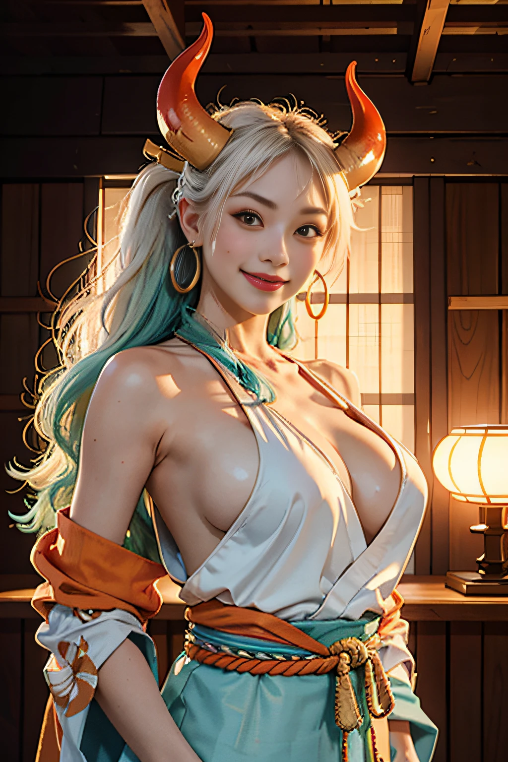 (masterpiece:1.2), (ultra detailed background, delicate pattern, intricate detail), (highly detailed, fine details), best quality, beautiful lighting, ((large breasts, slim girl, very slim girl)), (cowboy shot), YamatoV2, long hair, 1girl, beautiful girl, horns, white hair, solo, oni, red horns, curled horns, hair ornament, (multicolored horns), jewelry, earrings, Japanese clothes, kimono, hair stick, sleeveless, bare shoulders, aqua hair, sidelocks, hoop earrings, hakama, smile, wide smile, ((orange eyes)),