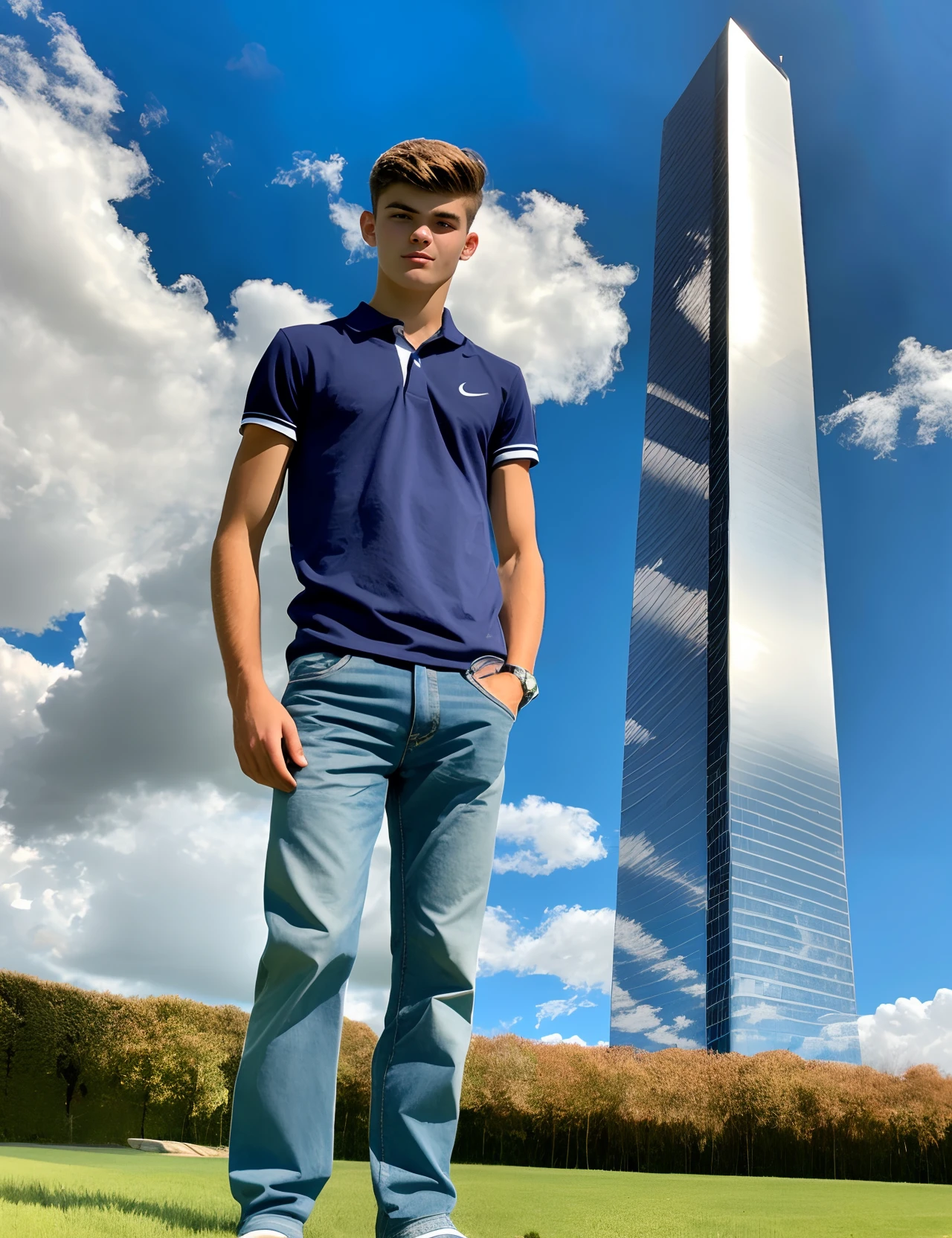 The man is tall, brunette with green eyes. Nationality: russian . Standing next to a tall skyscraper