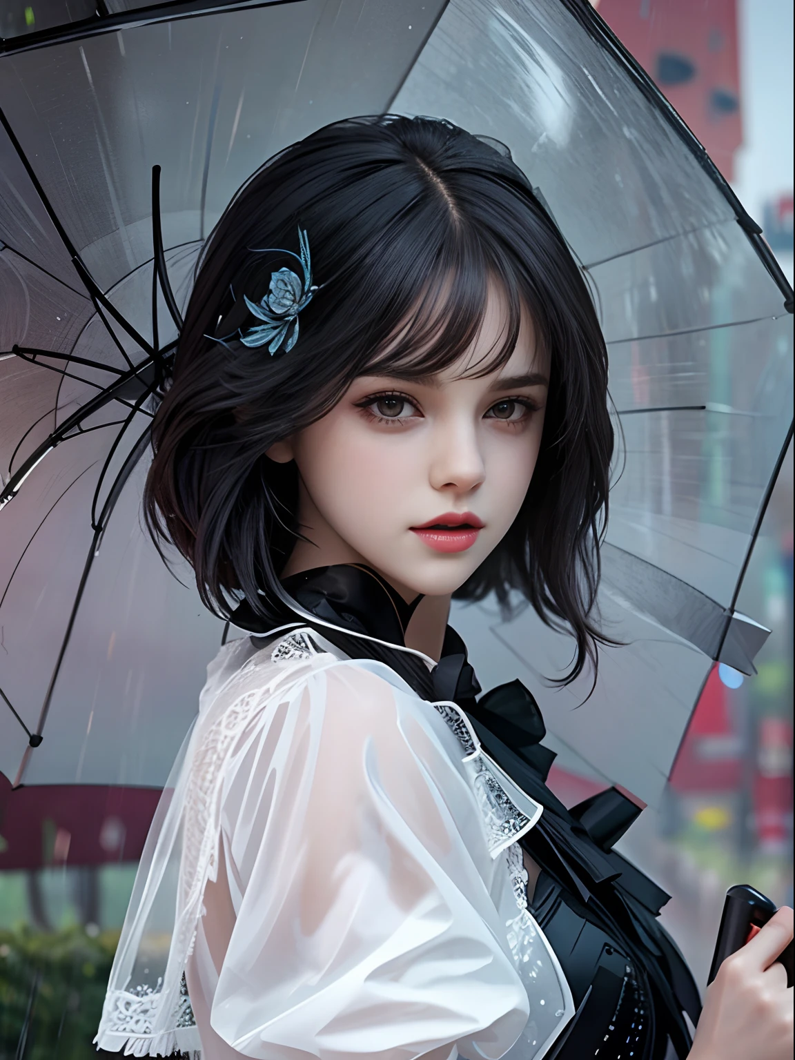detailed background, cinematic lighting, outdoor, overcast, rain, under a transparent umbrella, ((Umbrella)), 1girl ((( Selena Gomez:Emma Watson:0.8))), (( highest quality)), ((( extremely detailed face))) ((perfect umbrella)) , (((Perfectly drawn umbrella)))