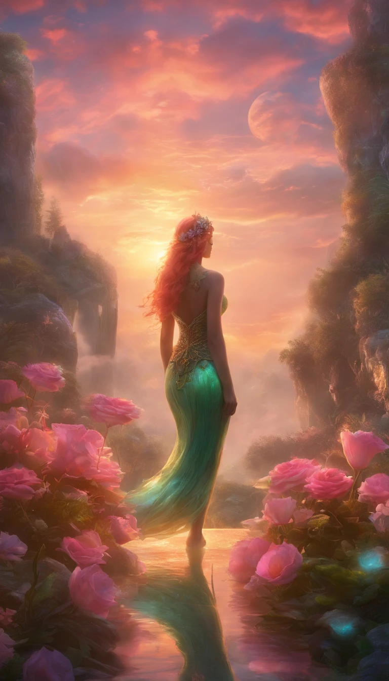 (Anthropomorphism is mermaids with many tails:1.8), Fox, pink and green crystal gown with cape and roses, in the style of claude monet, magical, octane render, hyper realistic, Beautiful, slender leg,magical, mysterious, Epic scenes, Scenes, Rembrandt in stormy style sky, Misty, the sunset, Dramatic lighting, Light, Amount of light, diffuse light, (elevation),Upward view, illusory engine, Detailed, 3 d rendered, Action scenes, Photography Unreal Engine, octanerender,