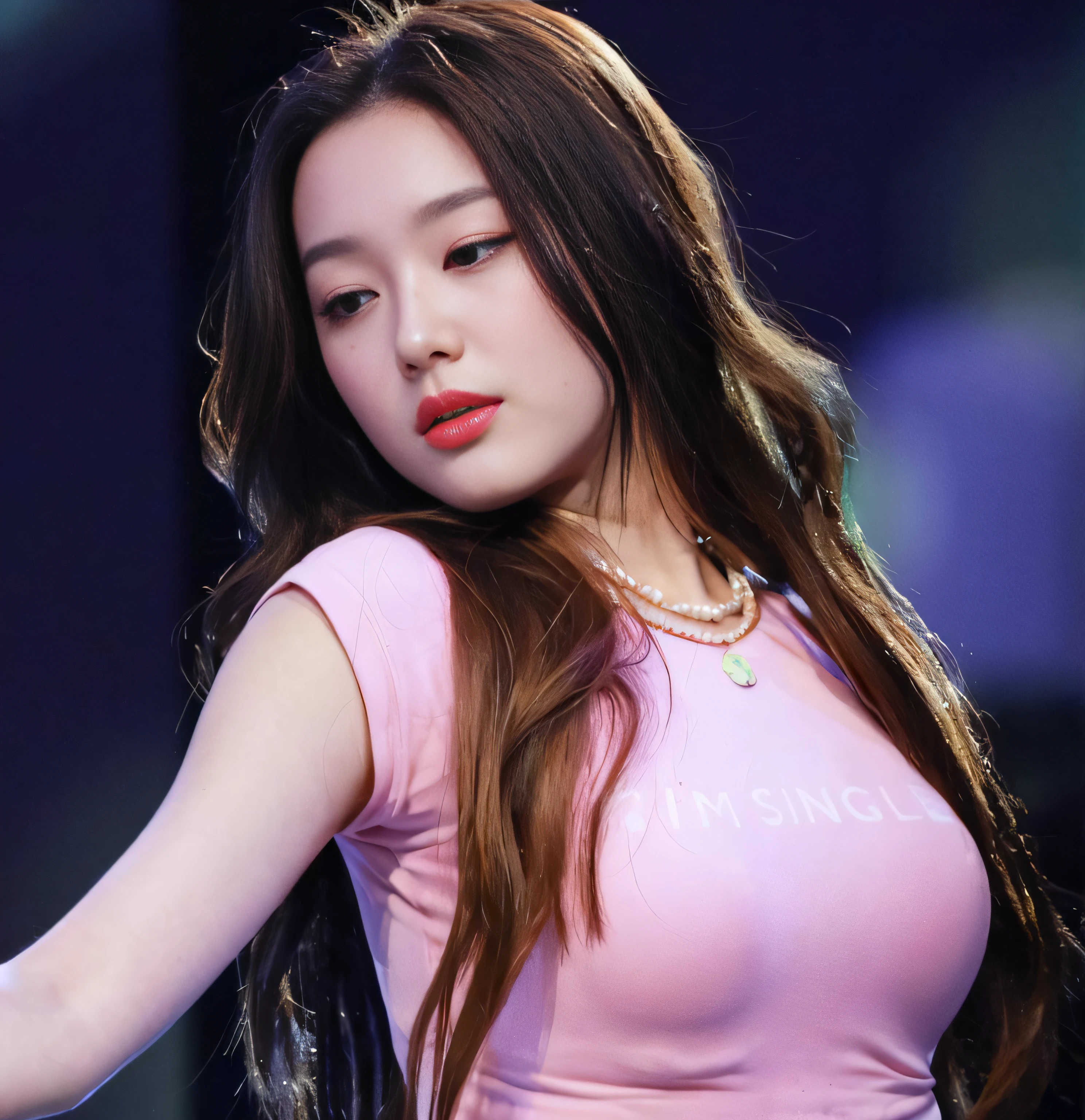 ((((best quality))))、(((Ultra-precision CG16K wallpaper)))、(((masterpiece)))、(((very detailed)))、(((super extreme detail)))、１person girl、 female、25 year old female、((korean face))、((very beautiful face))、((K-pop idol:1.5))、((Medium length hair in a trendy style:1.3))、(shiny hair)、Bangs up to the eyebrows、(((beautiful dark pink hair)))、beautiful and delicate eyes、brown eyes、I raised my eyebrows...、high nose、small nostrils、small mouth、Slightly open, seductive lips、beautiful breasts、(((big round breasts: 1.0)))、divided、(very skinny body:1.5)、perfect proportions、complete anatomy、perfect composition、Beautiful detail shading、beautiful natural light、Lighting with beautiful details、Depth of recorded boundary、(((highly saturated)))、(((really:1.9)))、((vivid:1.4))、(skinny abs : 1.4)、((laugh:1.3))、(eyes looking at me)、bright sunshine、(((Professional wrestling ring filled with spectators:1.0))), (((Naked from head to thighs:0.4))),((square shaped pubic hair:1.0)), ((white lace neck choker)), ((colorful earrings)), ((Large ribbon-shaped hairpin decoration:1.4)),