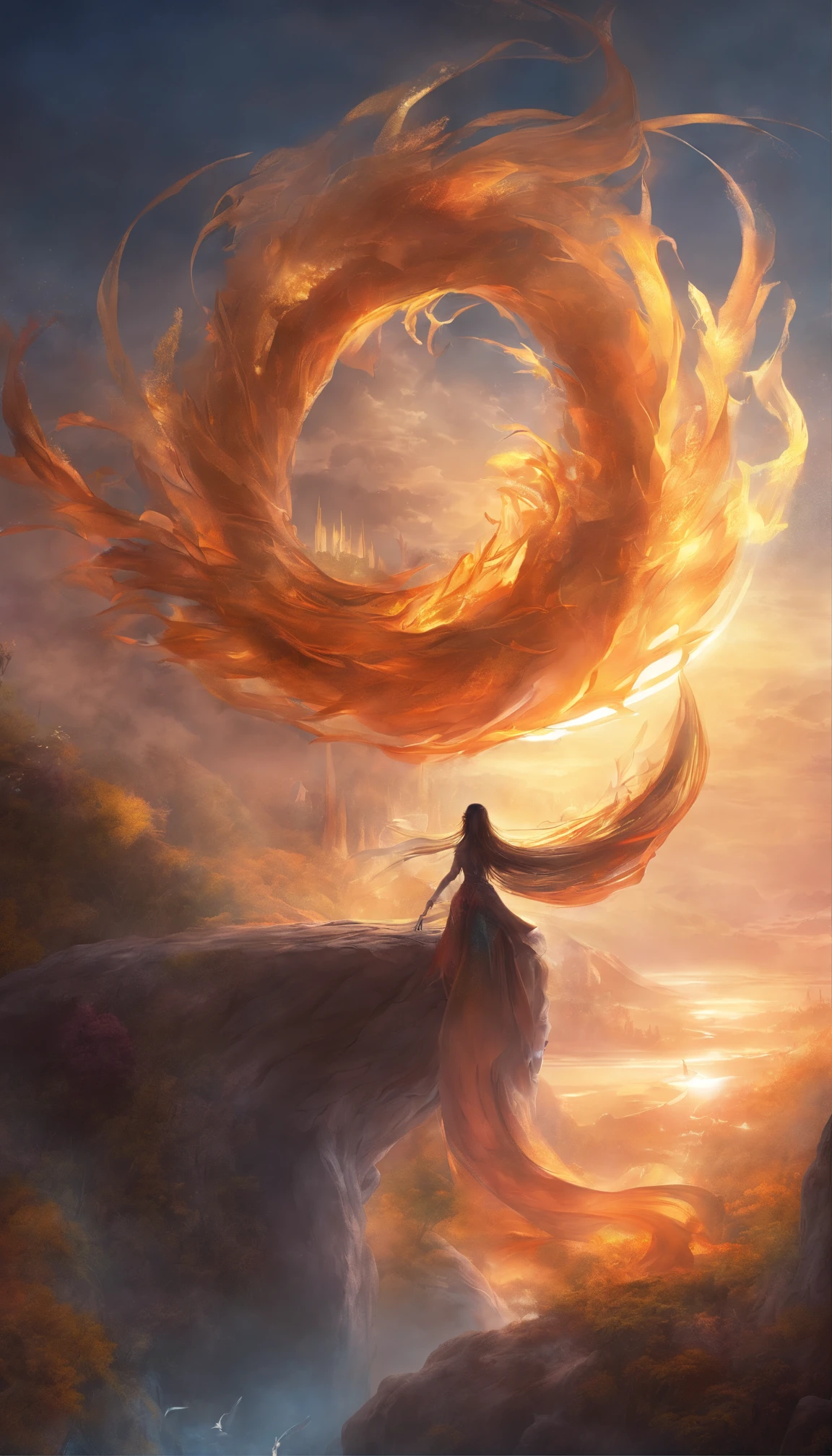 (Anthropomorphism is a fairy with many tails), Fox, nine tail fox, Beautiful, slender leg,magical, mysterious, Epic scenes, Scenes, Rembrandt in stormy style sky, Misty, the sunset, Dramatic lighting, Light, Amount of light, diffuse light, (elevation), Upward view,illusory engine, Detailed, 3 d rendered, Action scenes, Photography Unreal Engine, octanerender,