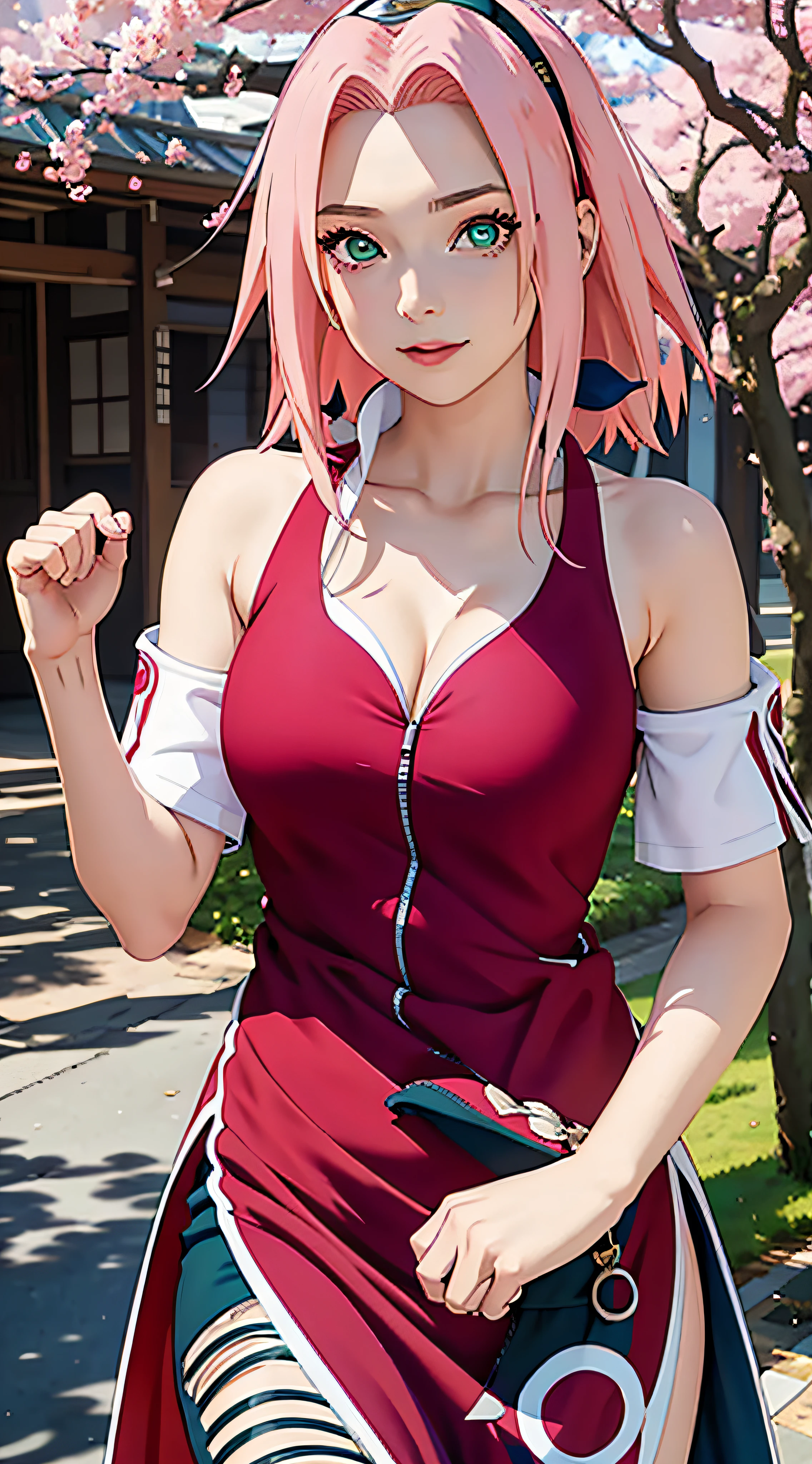 tmasterpiece, Best quality at best, 1girll, Sakura Haruno, Large breasts,Off-the-shoulder attire,(cleavage),(upperbody closeup),Raised sexy,is shy,ssmile,with pink hair, long whitr hair, (Green eyeballs:1.4), Forehead protection, the cherry trees,Cherry blossoms flying,Red clothes,Zipper pulled down far, navel, very deep cleavage, revealing clothes, breasts mostly visible, slutty,