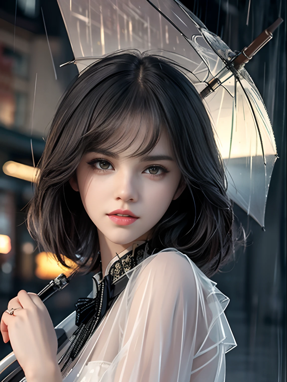 detailed background, cinematic lighting, outdoor, overcast, rain, under a transparent umbrella, ((Umbrella)), 1girl ((( Selena Gomez:Emma Watson:0.8))), (( highest quality)), ((( extremely detailed face))) ((perfect umbrella)) , (((Perfectly drawn umbrella)))