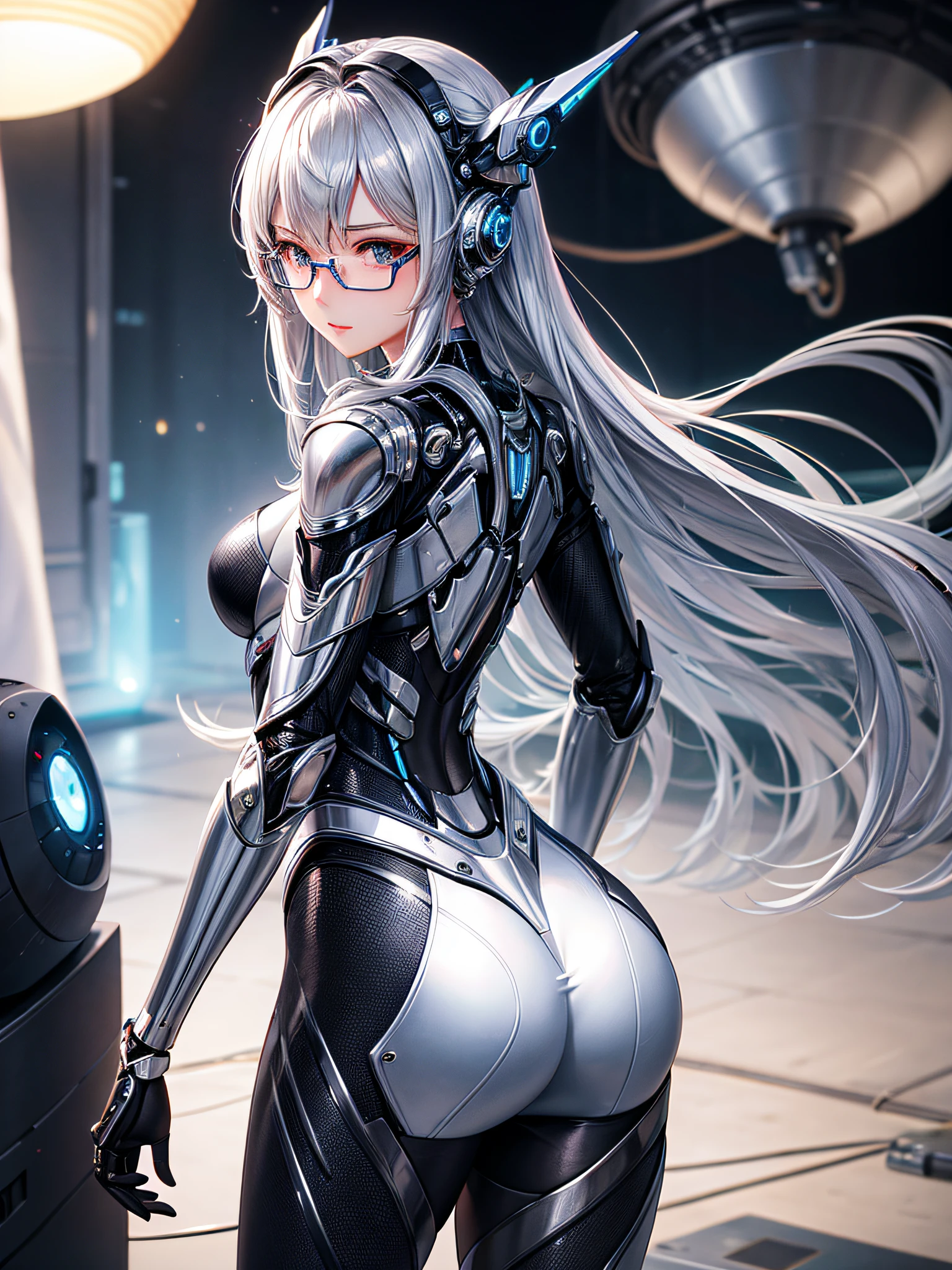 5 8K UHD、Silver metallic body mechanical beauty wearing glasses is turning around with her ass turned、Silver metallic robot with hidden skin shiny