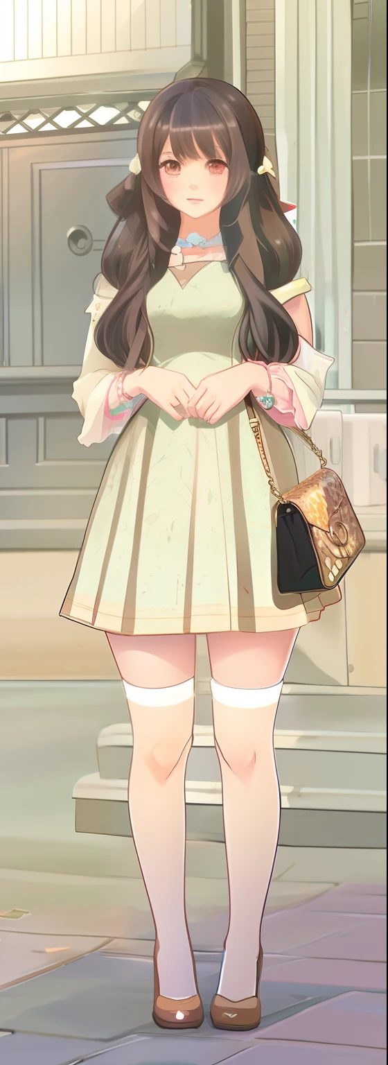 anime girl in a short dress standing on a sidewalk with a purse, in dress, cute anime waifu in a nice dress, anime visual of a cute girl, anime full body illustration, soft anime illustration, small curvy lolite art style, full body details, full body portrait of a short!, my dress up darling anime, !!full body portrait!!
