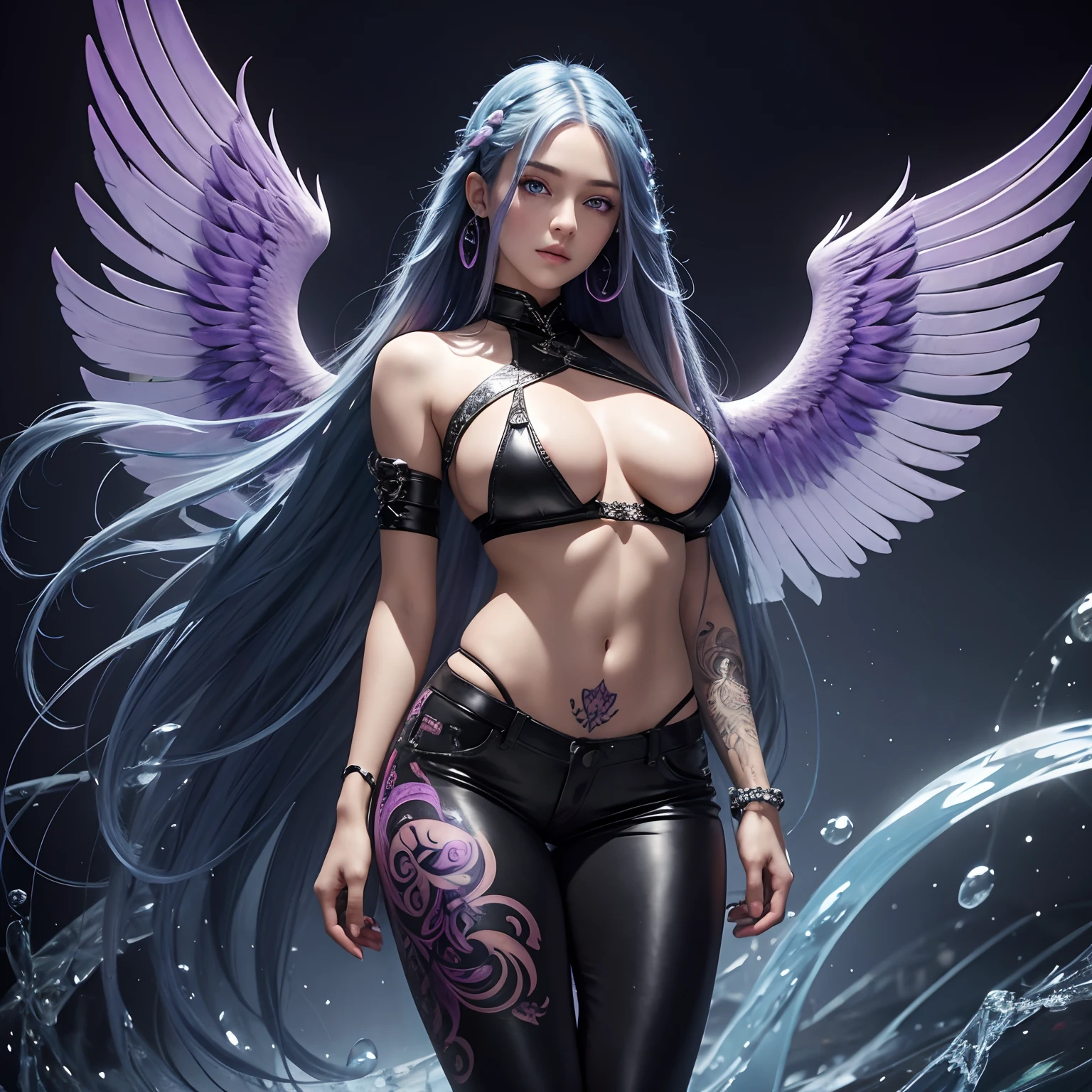 (masterpiece), (work of art), (amazing work), (detailed eyes), (delicate skin), (beautiful purple eyes), (multicolored), (long braided blue hair ), (sparkling eyes), (1girl),best quality, full body, expressive eyes, perfect face,blue hair, skinny leather pant, tight black shirt,nature, sexy,full cloud tattoos, large breasts,full body tattoo,guns, holy wings