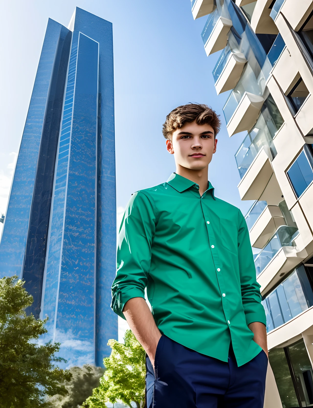 The man is tall, 17 year old brunette with green eyes. Nationality: russian . Standing next to a tall skyscraper
