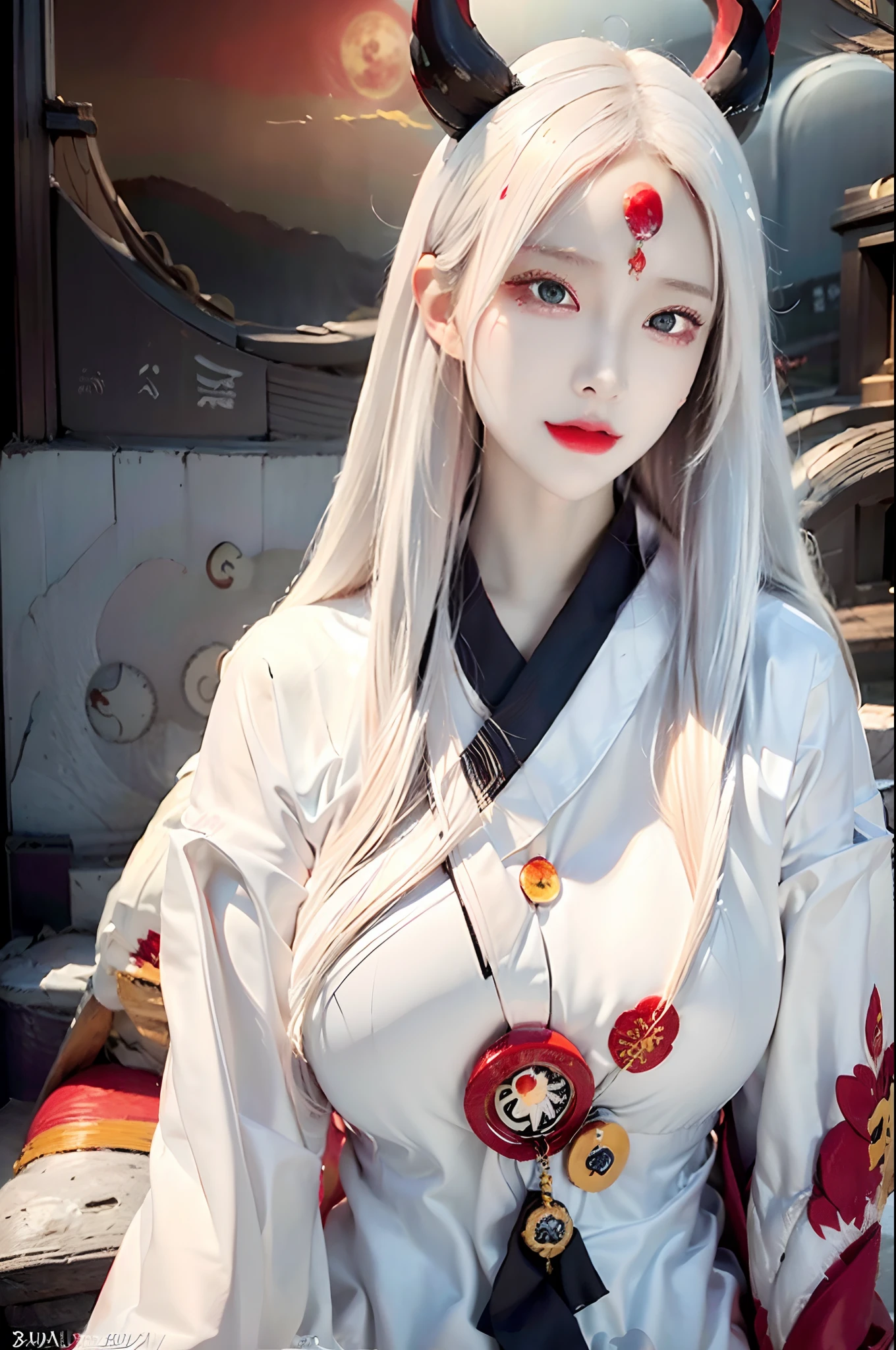 face lighting,bright backlight,super high resolution,best quality,Photos,4k,(Realistic:1.2),huiye,1girl,(kimono:1.1),(the third eye:1.3),horns,(pale skin:1.5),(white hair:1.2),long hair,(night:1.2),
(red moon:1.4),