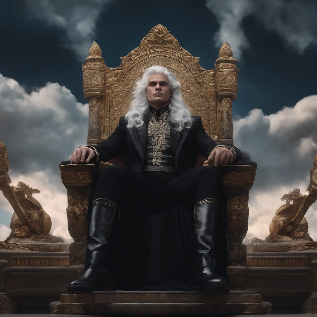 (Masterpiece, Top quality, Best quality,(mediating), offcial art, Beautiful and aesthetic) sky, Gas, Clouds, Arrogant,Hands on chins。male people,a throne,Blackn clothes,White hair,Messy hair