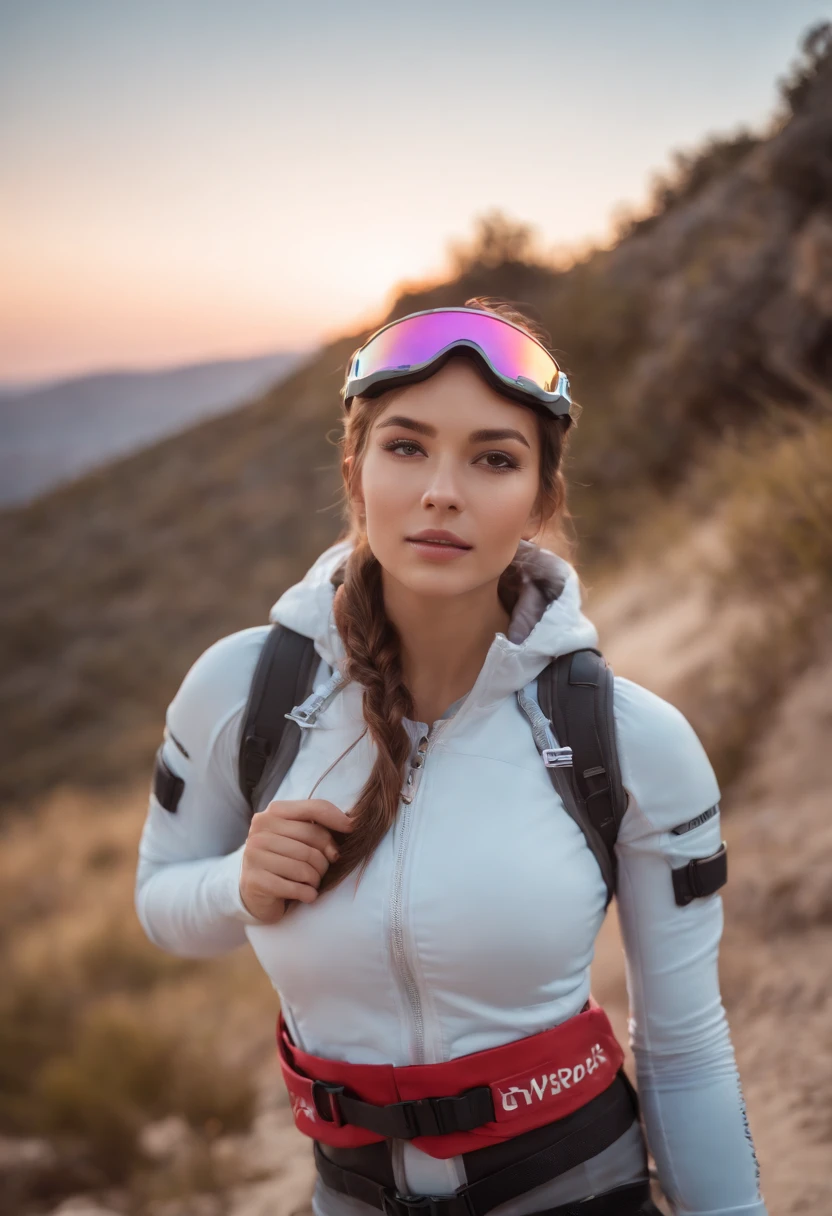 Obra maestra, Mejor calidad de imagen, Viveza extrema, Chica anime con cola de caballo rizada, small figure, Capa funcional blanca, Small, Blue-purple gradient ski goggles, cyberpunk, cabello canoso, Estilo casual natural, Dynamic Stance, golden section, Retrato con gran apertura, cold tones, Fuerte impacto visual, espacio en blanco, Contraste de luces y sombras, Super texture, resplandor posterior al atardecer, Super clear image, Imagen simple