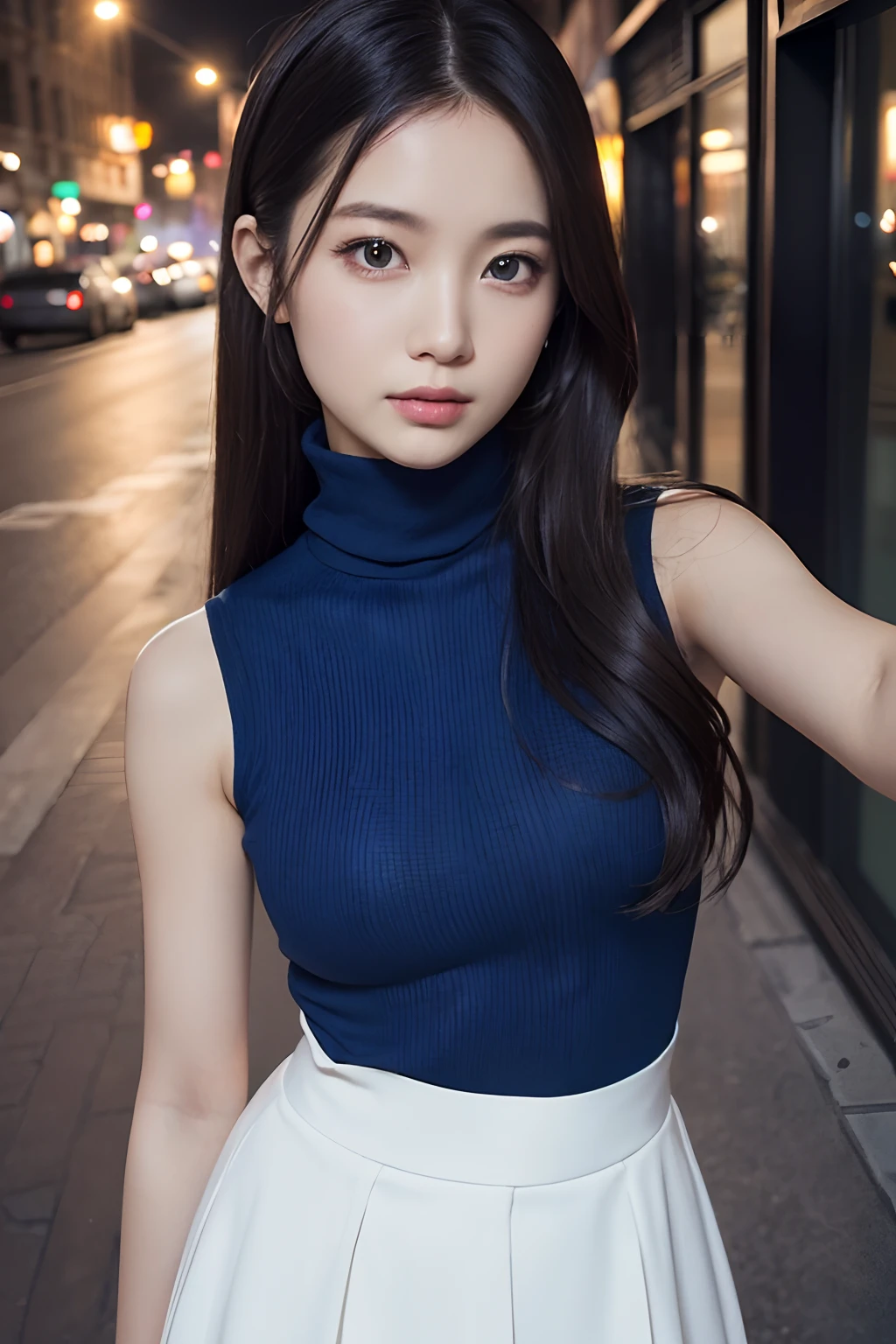 masterpiece, 1 beautiful girls, detaileds, top-quality, 超A high resolution, (Realistis: 1.4), OriginalPhotographs, 电影灯光, A smile, Asian Beauty, very extremely beautiful, Slightly younger face, Beautiful skins, slender, (A hyper-realistic), (hight resolution), (8K), (ighly detailed), (The best illustrations), (beautifully detailed eyes), (ultra-detailliert), (wall-paper), (详细的脸), looking at the viewers, fine detailed, A detailed face、pureerosfaceace_v1、46-point diagonal bangs、(beautidful eyes:1.5)large full breasts{White skirt:1.5}、(Wearing a blue sleeveless turtleneck:1.5)、(selfy:1.5)(In the street:1.2) 、Detailed skin、Hyper-Realism、intricate detailes、depth of fields、Sexy adult woman、Long black hair straight、Toned buttocks、From the waist up angle