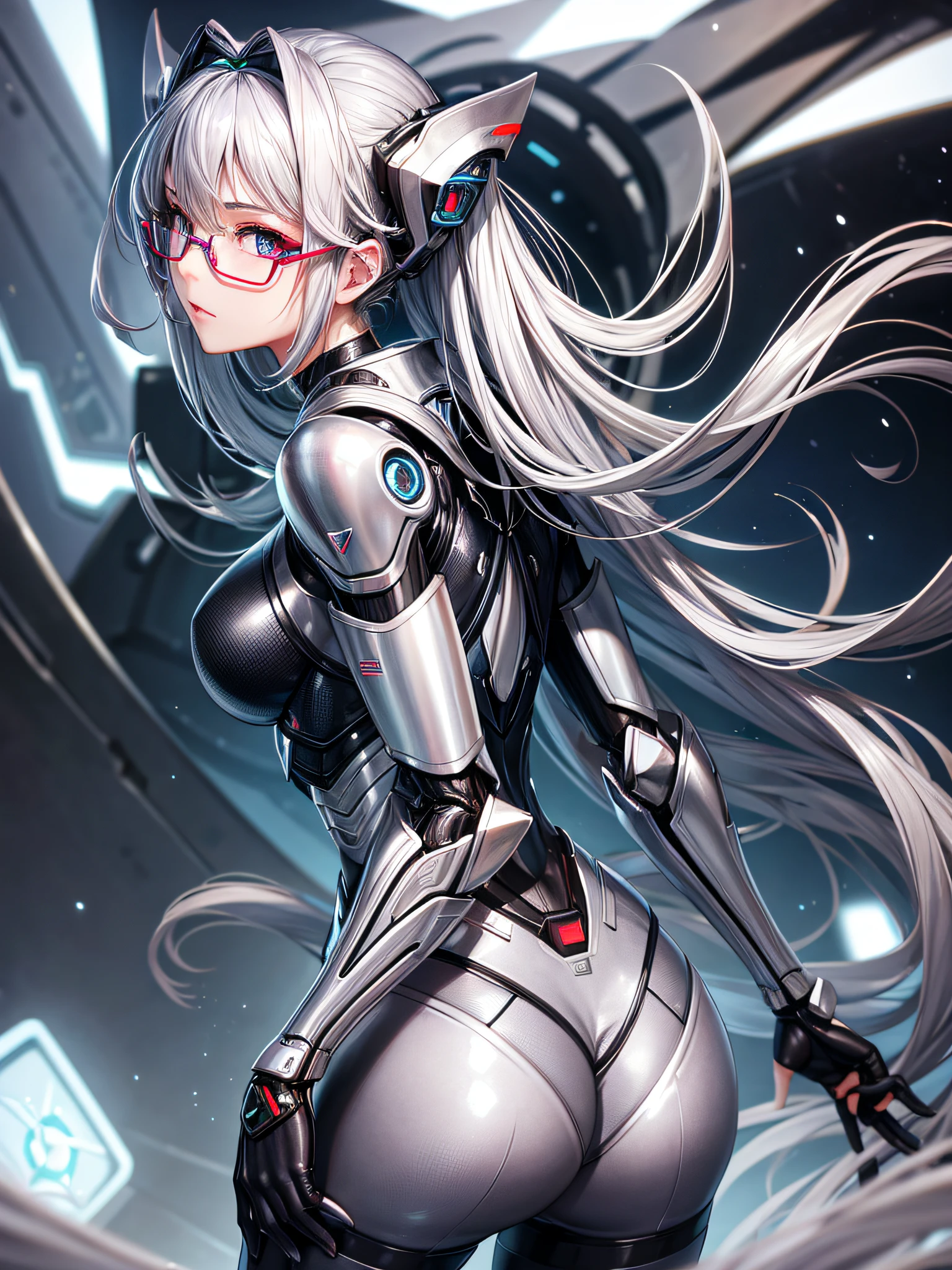 5 8K UHD、Silver metallic body mechanical beauty wearing glasses is turning around with her ass turned、Silver metallic robot with hidden skin shiny