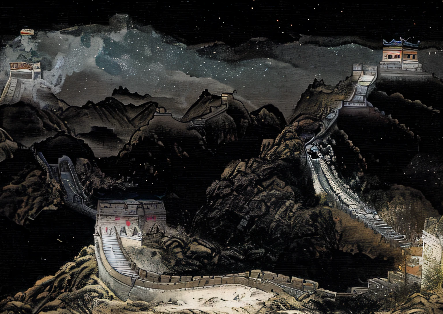 the night ，The Great Wall meanders to the top of the mountain ，Light style ，Traditional Chinese painting