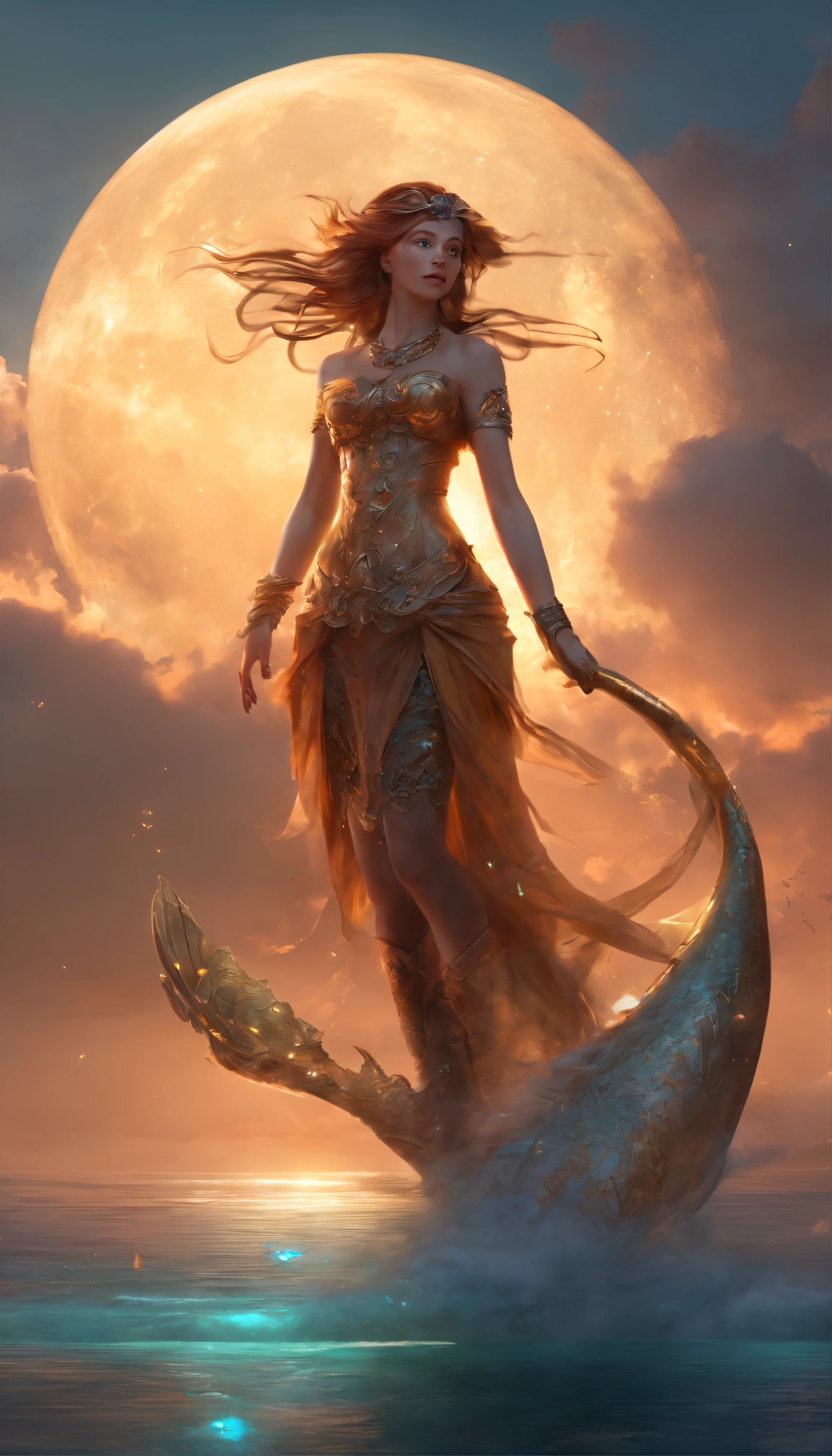 （Anthropomorphism is a mermaid with many tails：1.5）, Fox, mermaids, Beautiful, magical, mysterious, Epic scenes, Scenes, Rembrandt in stormy style sky, Misty, the sunset, Dramatic lighting, Light, Amount of light, diffuse light, wide angles, illusory engine, Detailed, 3 d rendered, Action scenes, Photography Unreal Engine, octanerender,