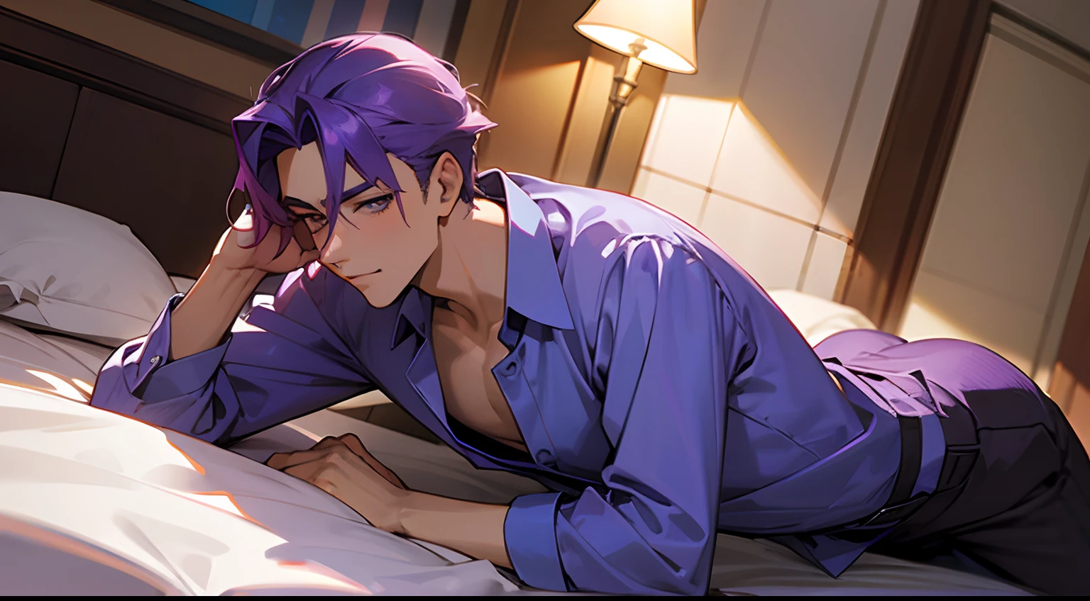 Handsome man with purple hair、Love hotel rooms、Double bed、Y-shirt and slacks、