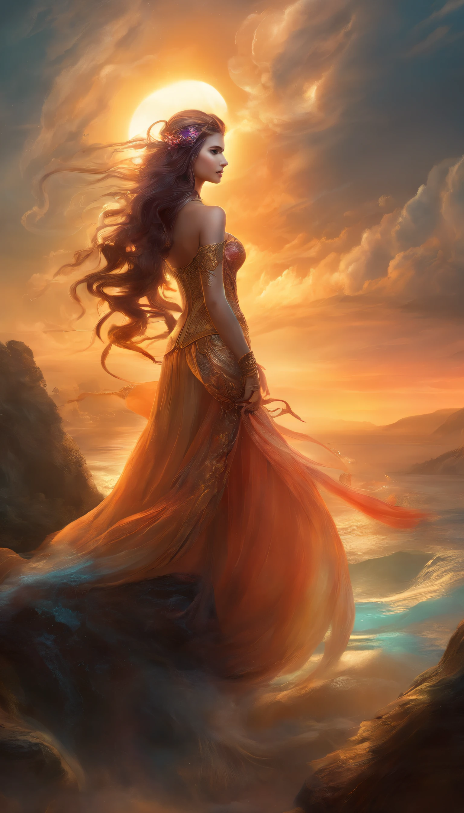 (Anthropomorphism is a mermaid with many tails:1.37), Fox, (Long layered hair), (beauitful face), ()perfect hand)magical, mysterious, Epic scenes, Scenes, Rembrandt in stormy style sky, Misty, the sunset, Dramatic lighting, Light, Amount of light, diffuse light, wide angles, illusory engine, Detailed, 3 d rendered, Action scenes, Photography Unreal Engine, octanerender,