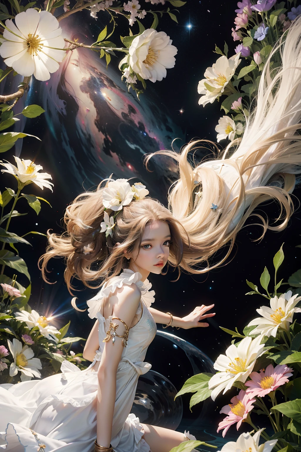celestial goddess, floating, clouds,galaxy,nebula,big white flowers in hair