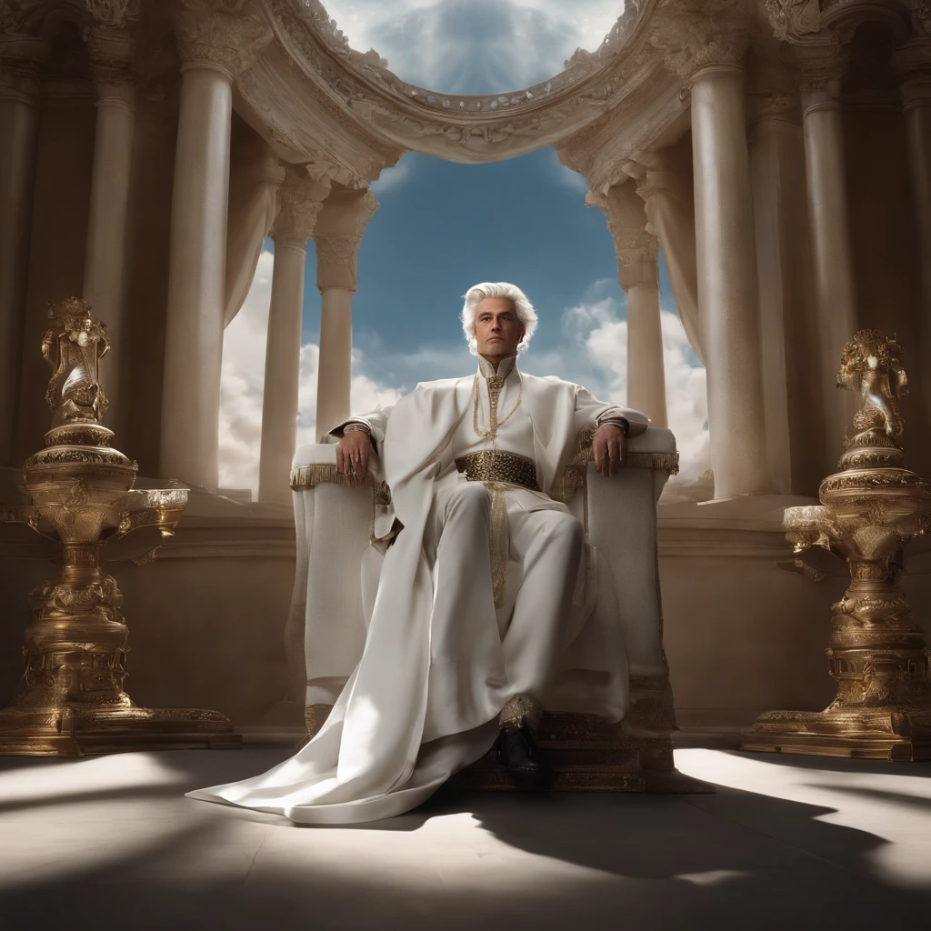 (Masterpiece, Top quality, Best quality,(mediating), offcial art, Beautiful and aesthetic) sky, Gas, Clouds, Arrogant,Hands on chins。male people,a throne,Blackn clothes,White hair,Messy hair,Leaning on the throne,The background is a card