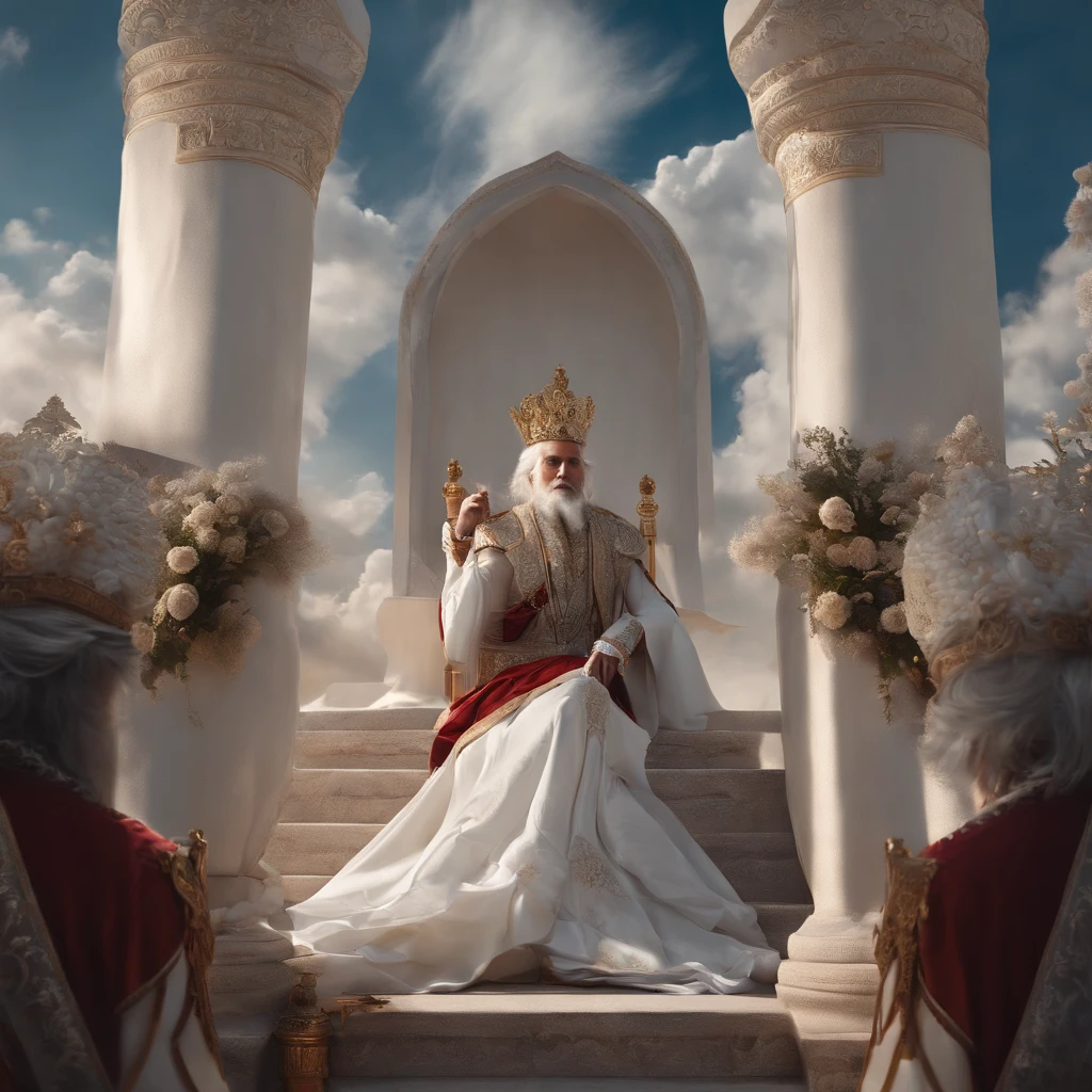 (Masterpiece, Top quality, Best quality,(mediating), offcial art, Beautiful and aesthetic) sky, Gas, Clouds, Arrogant,Hands on chins。male people,a throne,Blackn clothes,White hair,Messy hair,Leaning on the throne,The background is a card