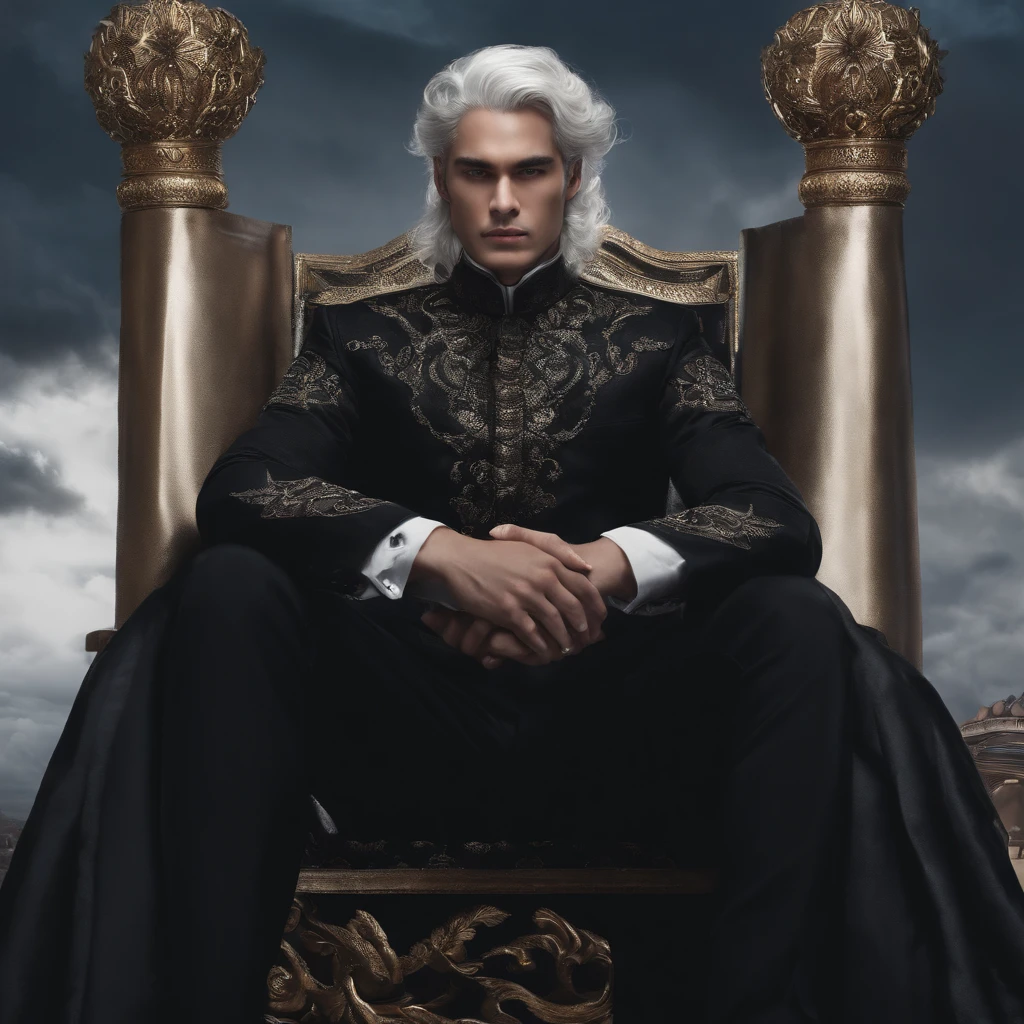 (Masterpiece, Top quality, Best quality,(mediating), offcial art, Beautiful and aesthetic) sky, Gas, Clouds, Arrogant,Hands on chins。male people,a throne,Blackn clothes,White hair,Messy hair,Leaning on the throne,The background is a card