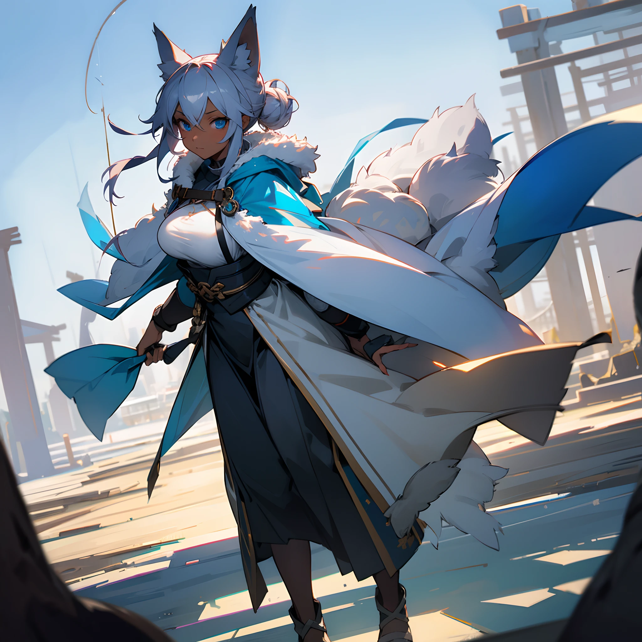 1female, big breast, messy grey bun, dark skin, blue eyes, best light and shadows, loose adventurer clothing, oversized fur hood, walking down path, fishing village, fox ears
