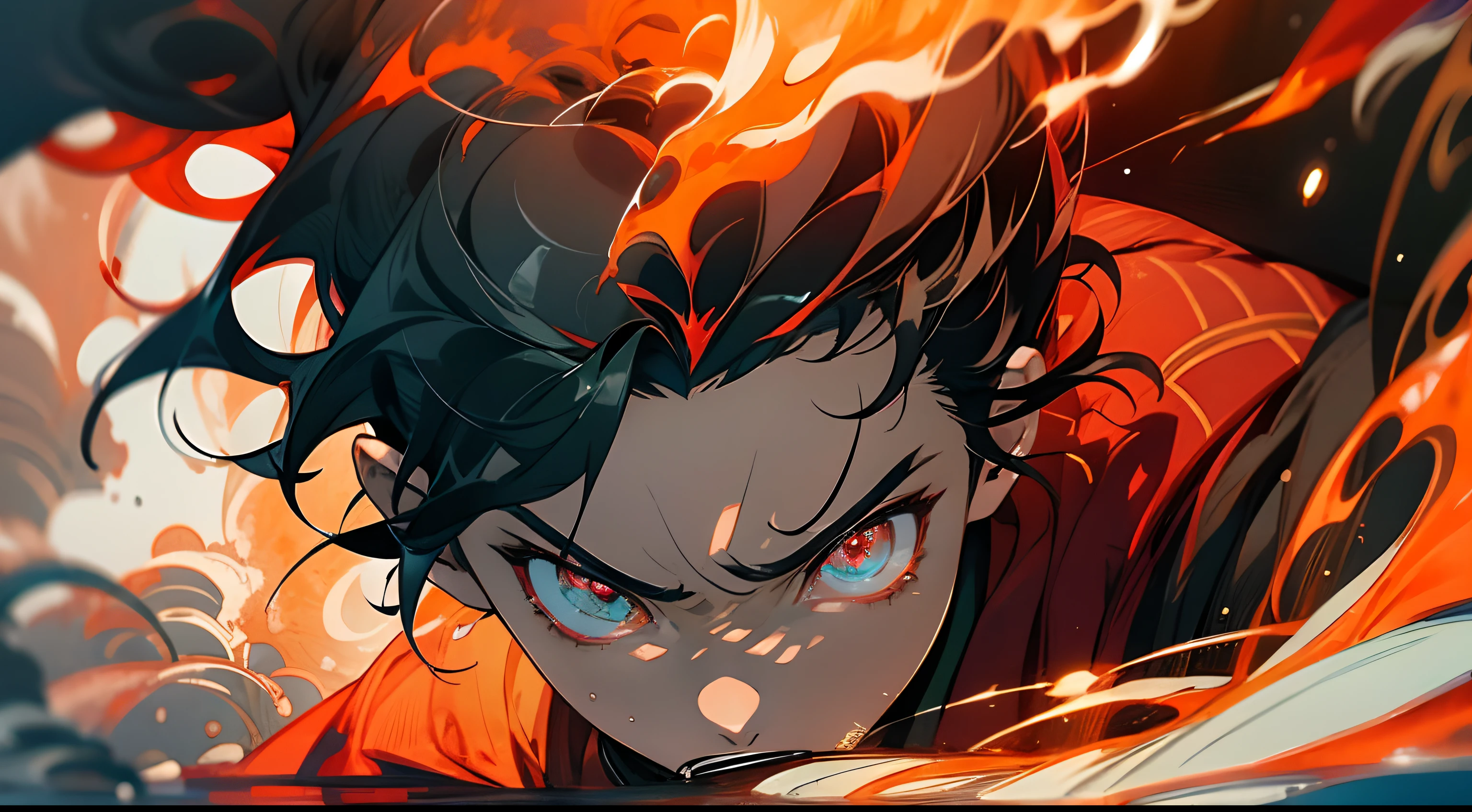 Eye close-up 1.5，The eyes are like a roaring flame，Deep and powerful dark red flash。The element of fire in his eyes，
（best qualtiy），ultra - detailed，Ultra photo realsisim，Game cg style，good eyes looking，Men with short hair
Angry eyes，They are full of tenacity and determination，As if it was the gaze of the god of fire，It is always a warning about changes and enthusiasm in the world。