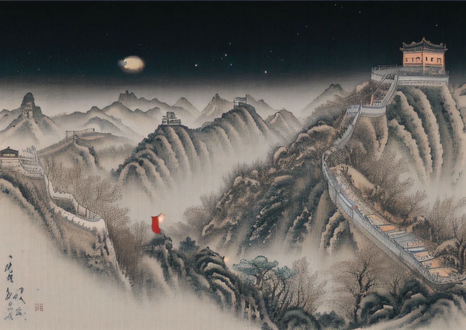 the night ，The Great Wall meanders to the top of the mountain ，Light style ，Traditional Chinese painting