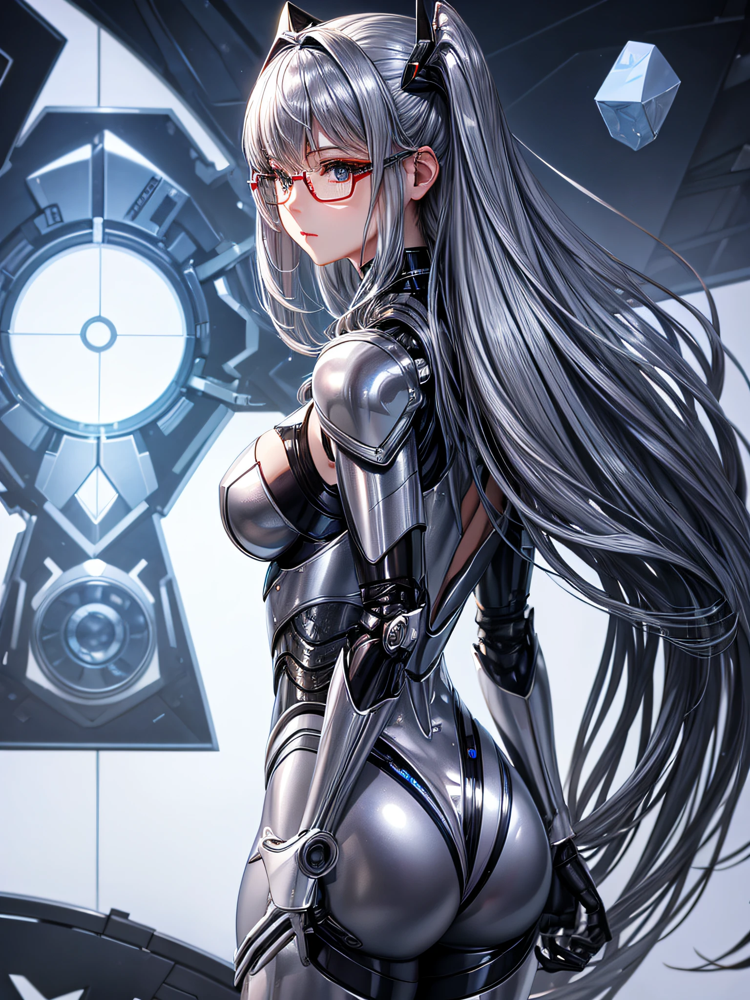 5 8K UHD、Silver metallic body mechanical beauty wearing glasses is turning around with her ass turned、Silver metallic robot with hidden skin shiny、Metallic buttocks