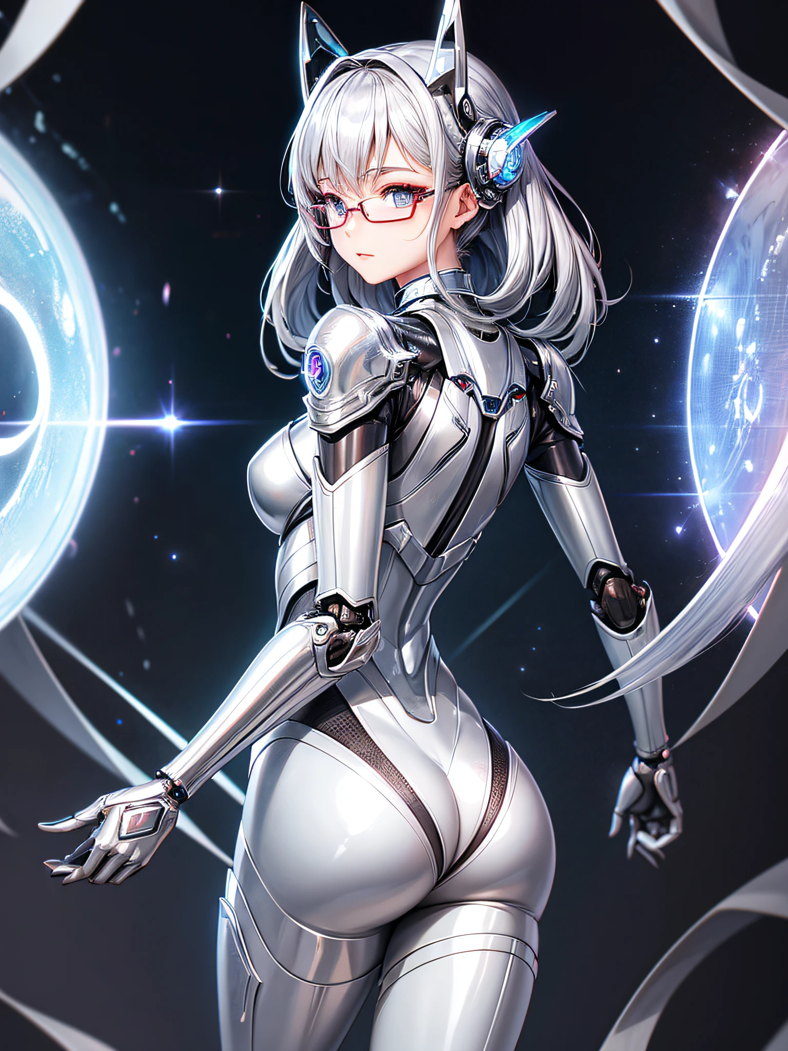 5 8K UHD、Silver metallic body mechanical beauty wearing glasses is turning around with her ass turned、Silver metallic robot with hidden skin shiny、Metallic buttocks