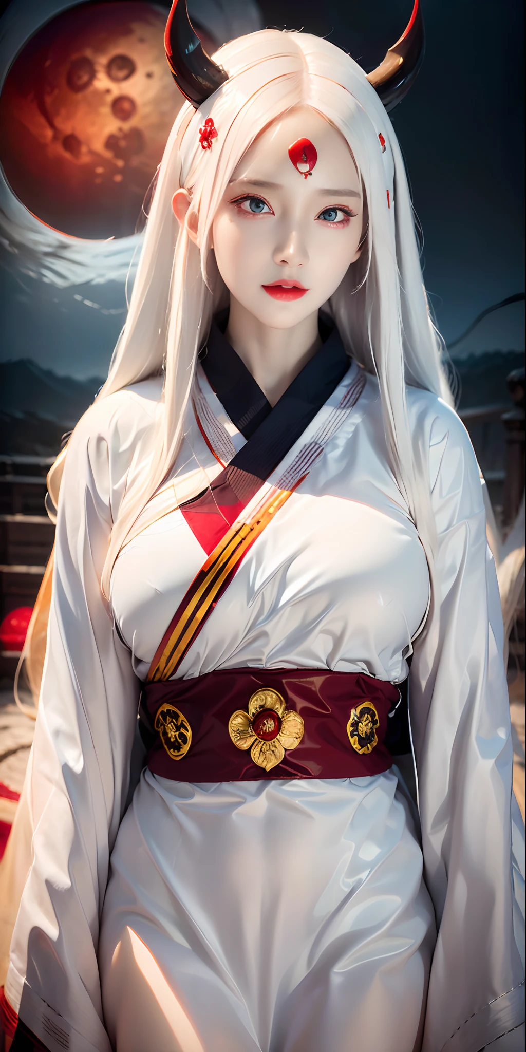 face lighting,bright backlight,super high resolution,best quality,Photos,4k,(Realistic:1.2),huiye,1girl,(kimono:1.1),(the third eye:1.3),horns,(pale skin:1.5),(white hair:1.2),long hair,(night:1.2),
(red moon:1.4),