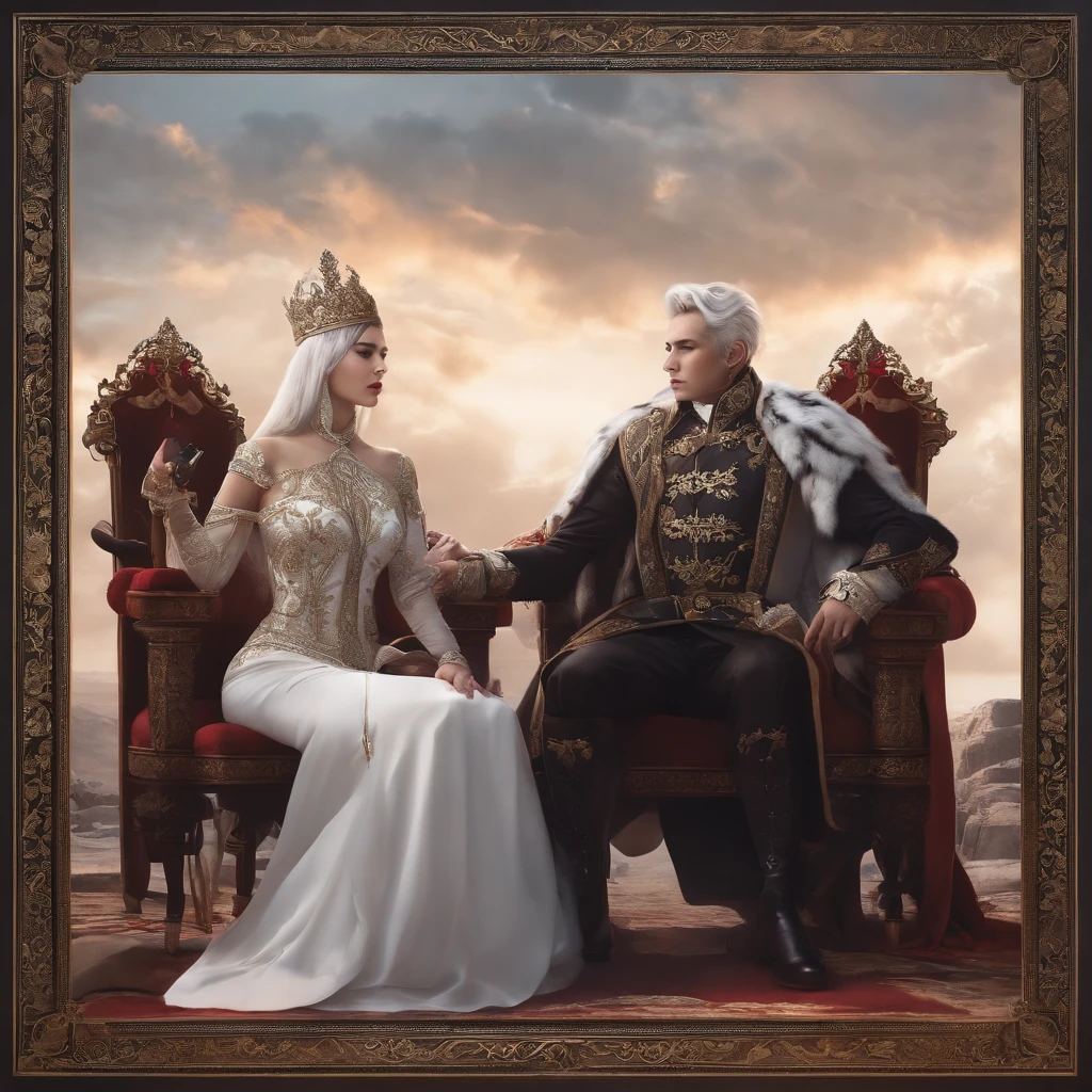 (Masterpiece, Top quality, Best quality,(mediating), offcial art, Beautiful and aesthetic) sky, Gas, Clouds, Arrogant,Hands on chins。male people,a throne,Blackn clothes,White hair,Messy hair,Leaning on the throne,The background is a card(Animated characters)