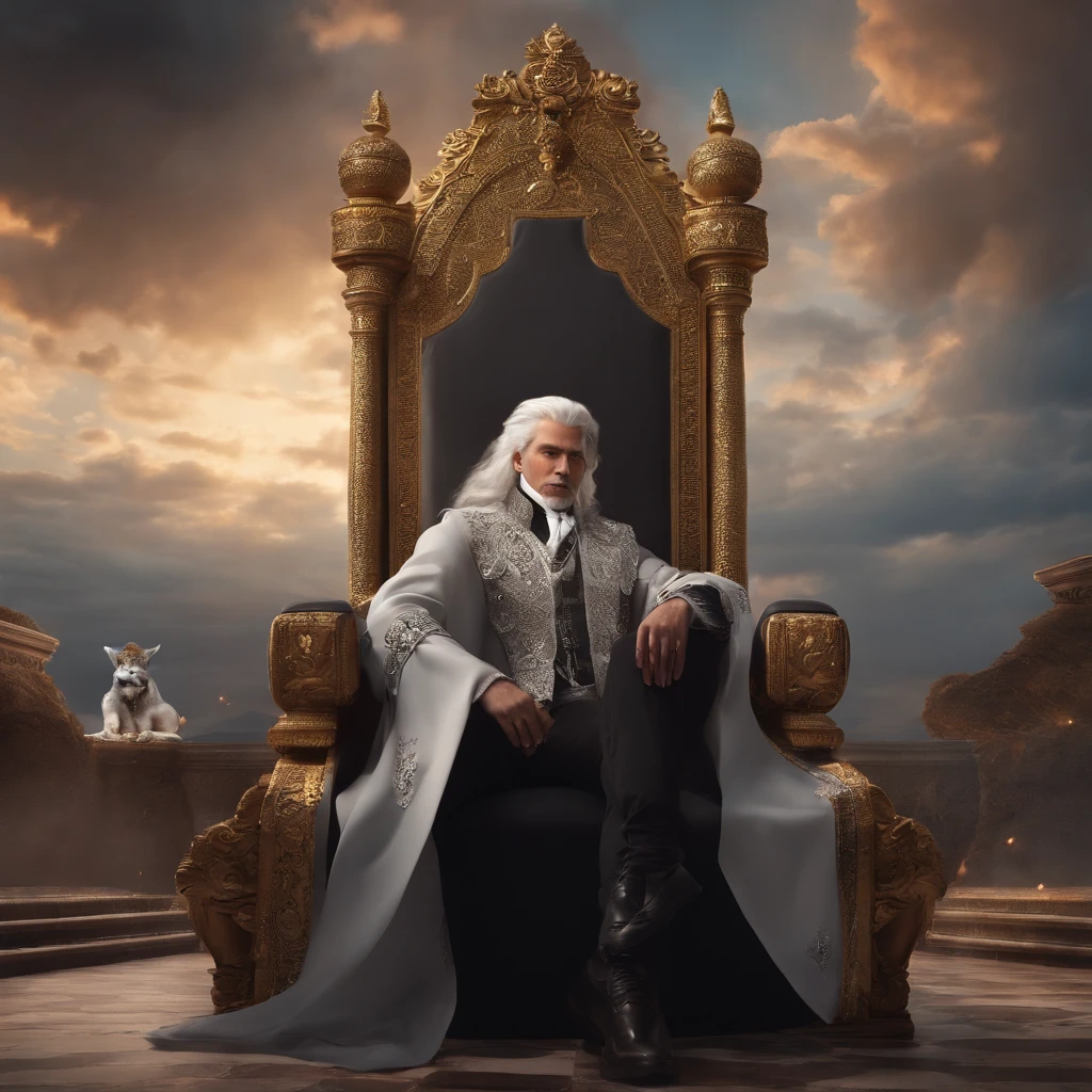 (Masterpiece, Top quality, Best quality,(mediating), offcial art, Beautiful and aesthetic) sky, Gas, Clouds, Arrogant,Hands on chins。male people,a throne,Blackn clothes,White hair,Messy hair,Leaning on the throne,The background is a card(Animated characters)