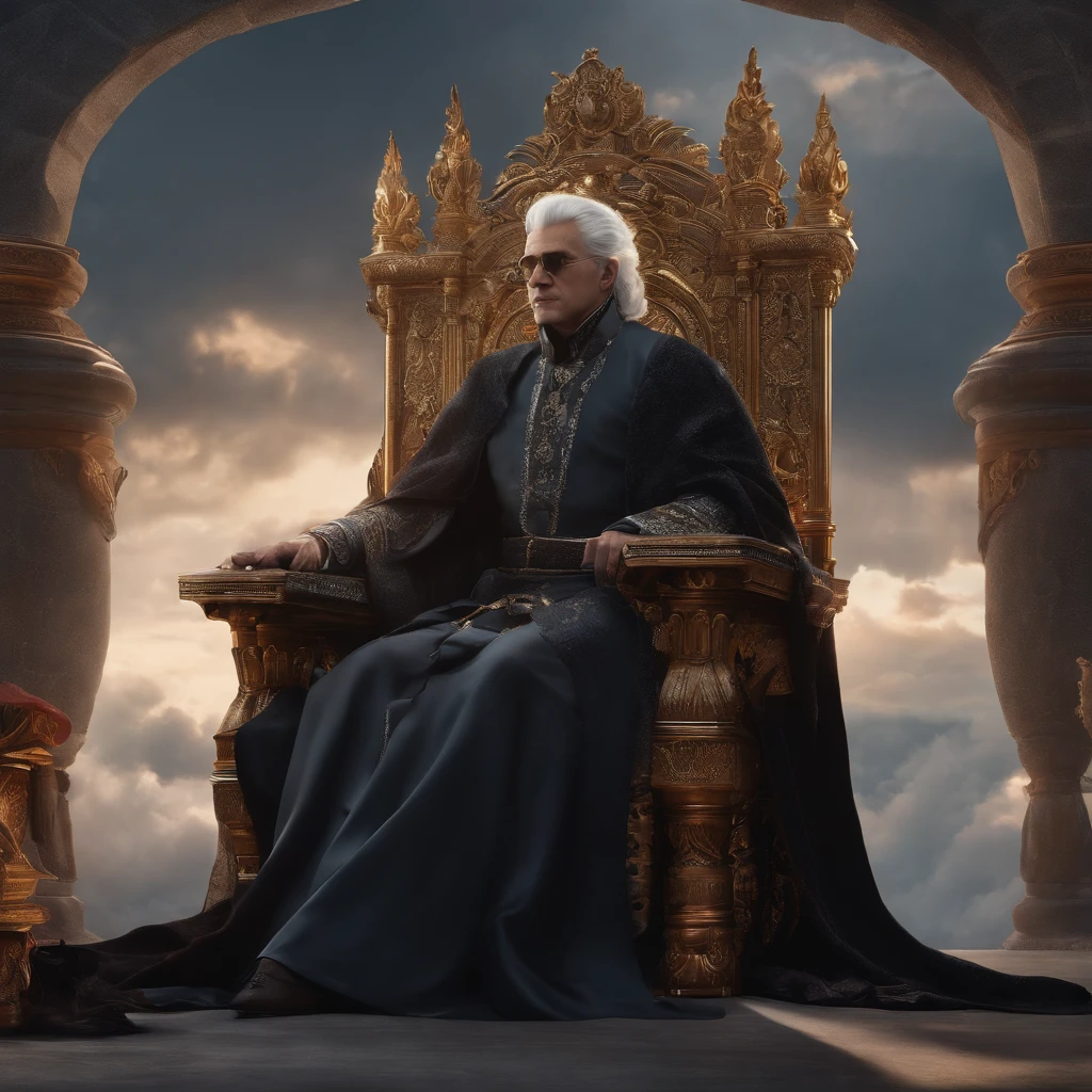 (Masterpiece, Top quality, Best quality,(mediating), offcial art, Beautiful and aesthetic) sky, Gas, Clouds, Arrogant,Hands on chins。male people,a throne,Blackn clothes,White hair,Messy hair,Leaning on the throne,The background is a card(Animated characters)