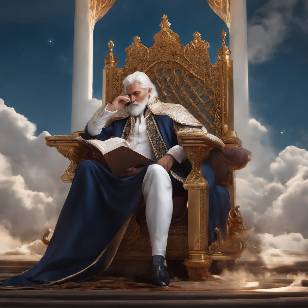 (Masterpiece, Top quality, Best quality,(mediating), offcial art, Beautiful and aesthetic) sky, Gas, Clouds, Arrogant，Hands on chins。male people，a throne，Blackn clothes，White hair，Messy hair，Leaning on the throne，The background is a card(Animated characters)