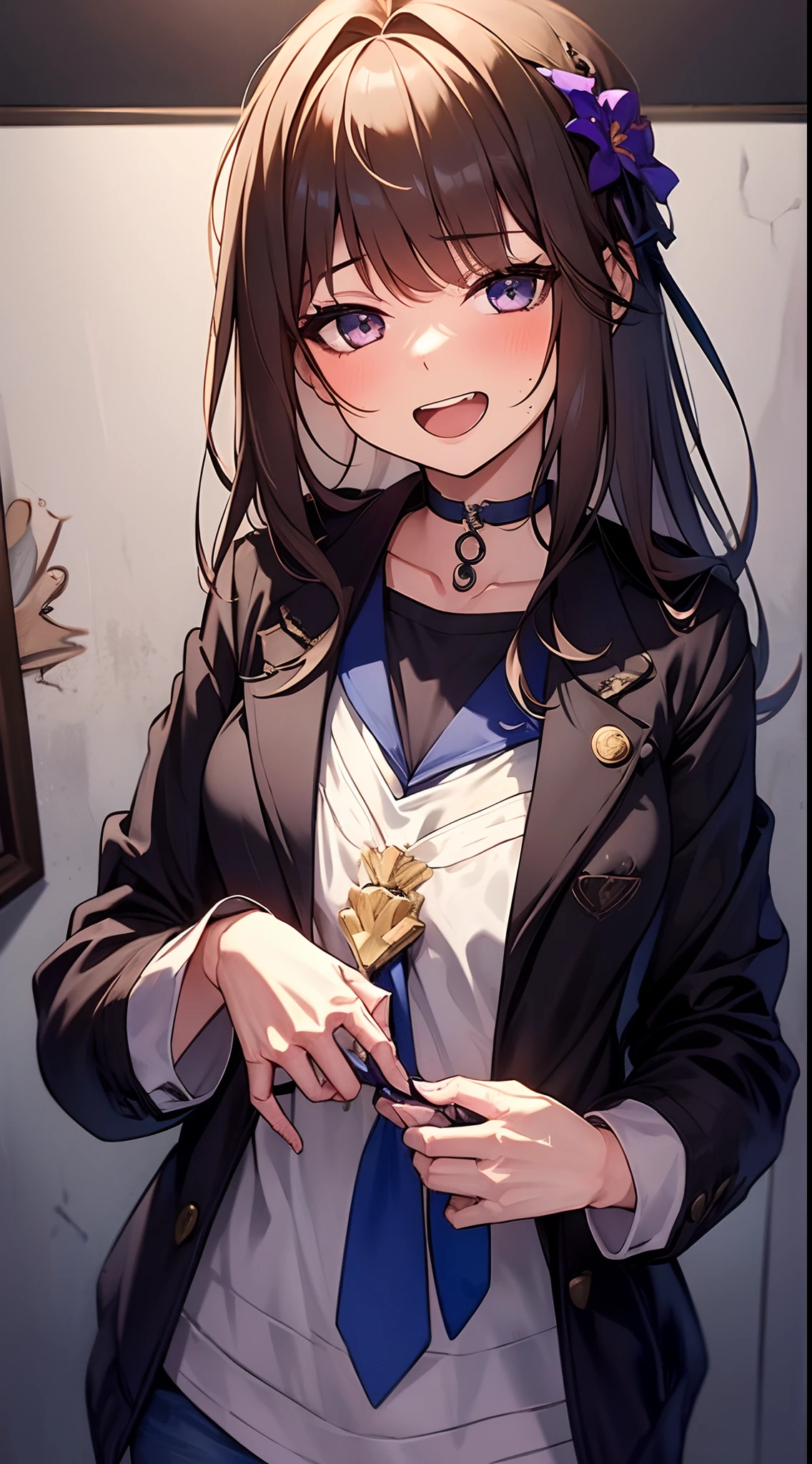1girl, upperbody, evil smiles, love eyes , grafitti face, open mouth with teeth visible. wearing jacket hand on jacket