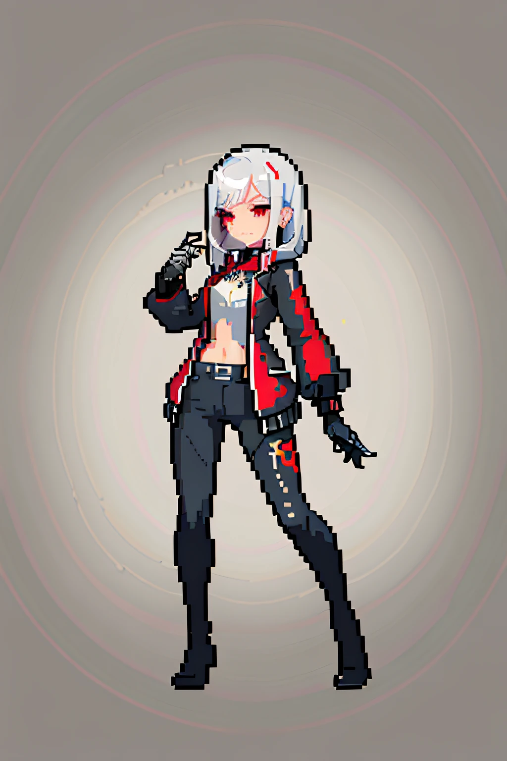 (masterpiece, top quality, best quality, less detail, less color), pixel,pixel art,1girl,full body,attack pose, US style, poor jacket, game asset, red eyes, silver hair, vampire element, middle viewpoint